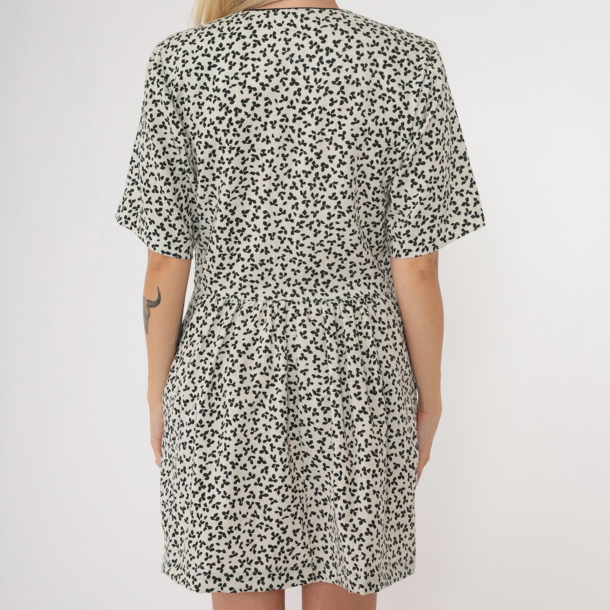 80s Lanz Originals Floral Mini Dress White Black Button-Up High Waisted Medium
