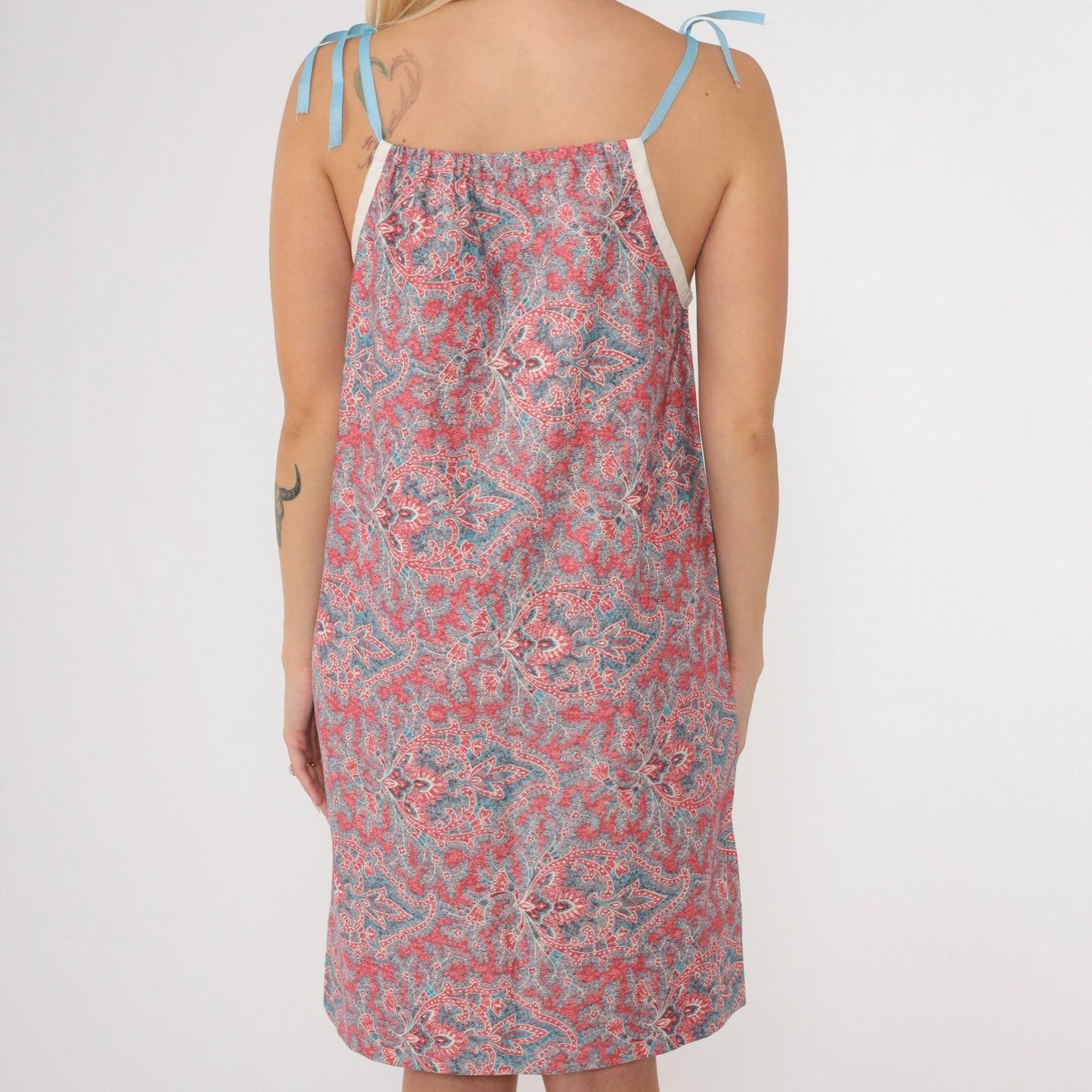 70s Paisley Geometric Shift Dress Red Blue Spaghetti Strap Small