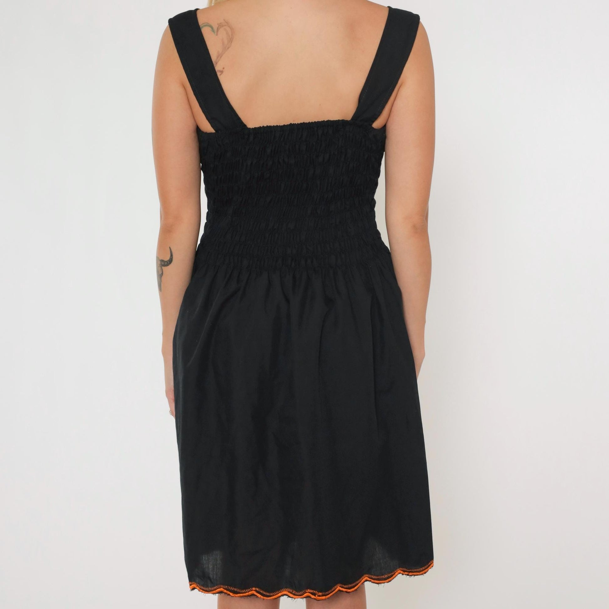 90s Black Floral Embroidered Smocked Mini Dress Sleeveless Small Medium