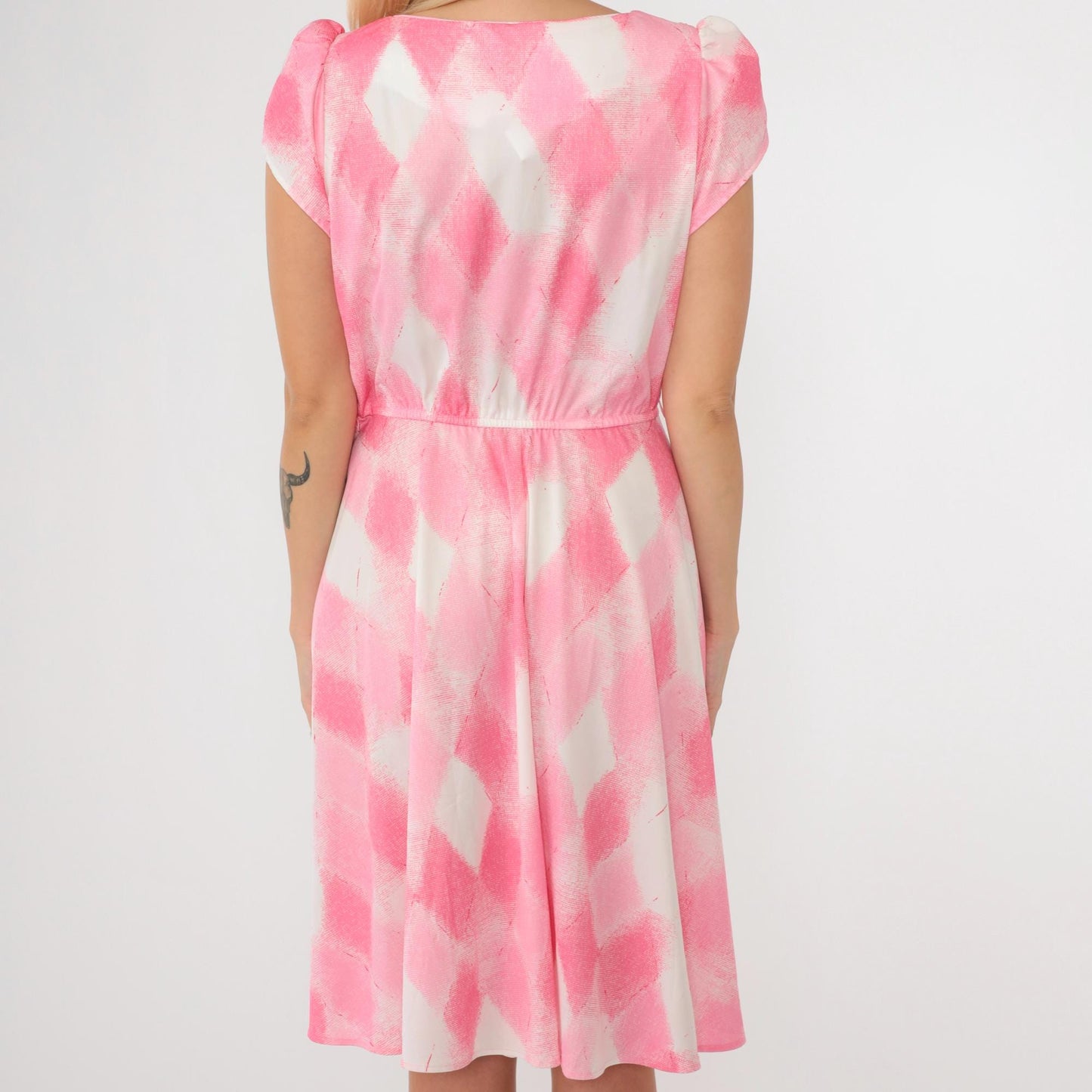 70s Pink Checkered Dress Tulip Sleeve Knee-Length Elastic Waist Small