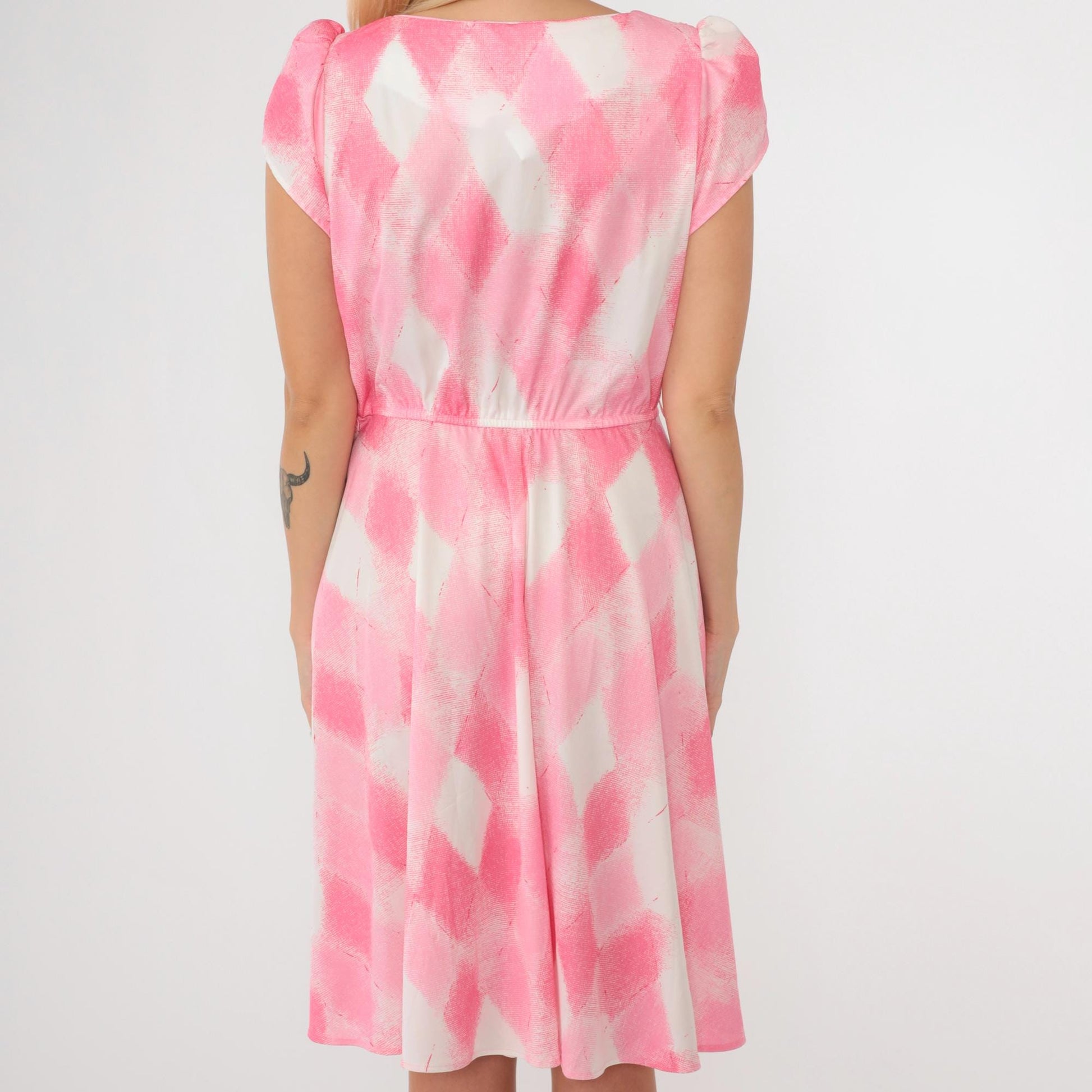 70s Pink Checkered Dress Tulip Sleeve Knee-Length Elastic Waist Small