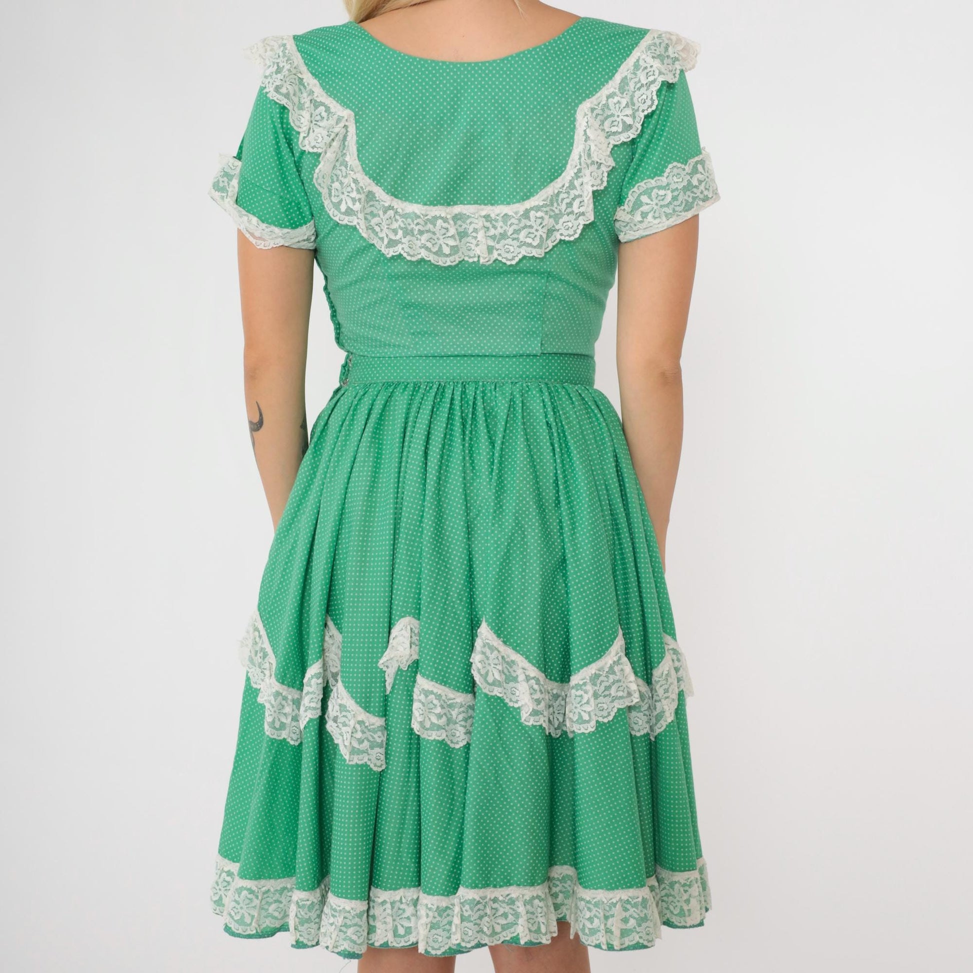 1950s Western Square Dance Dress Green Polka Dot Lace Trim Full Skirt Small