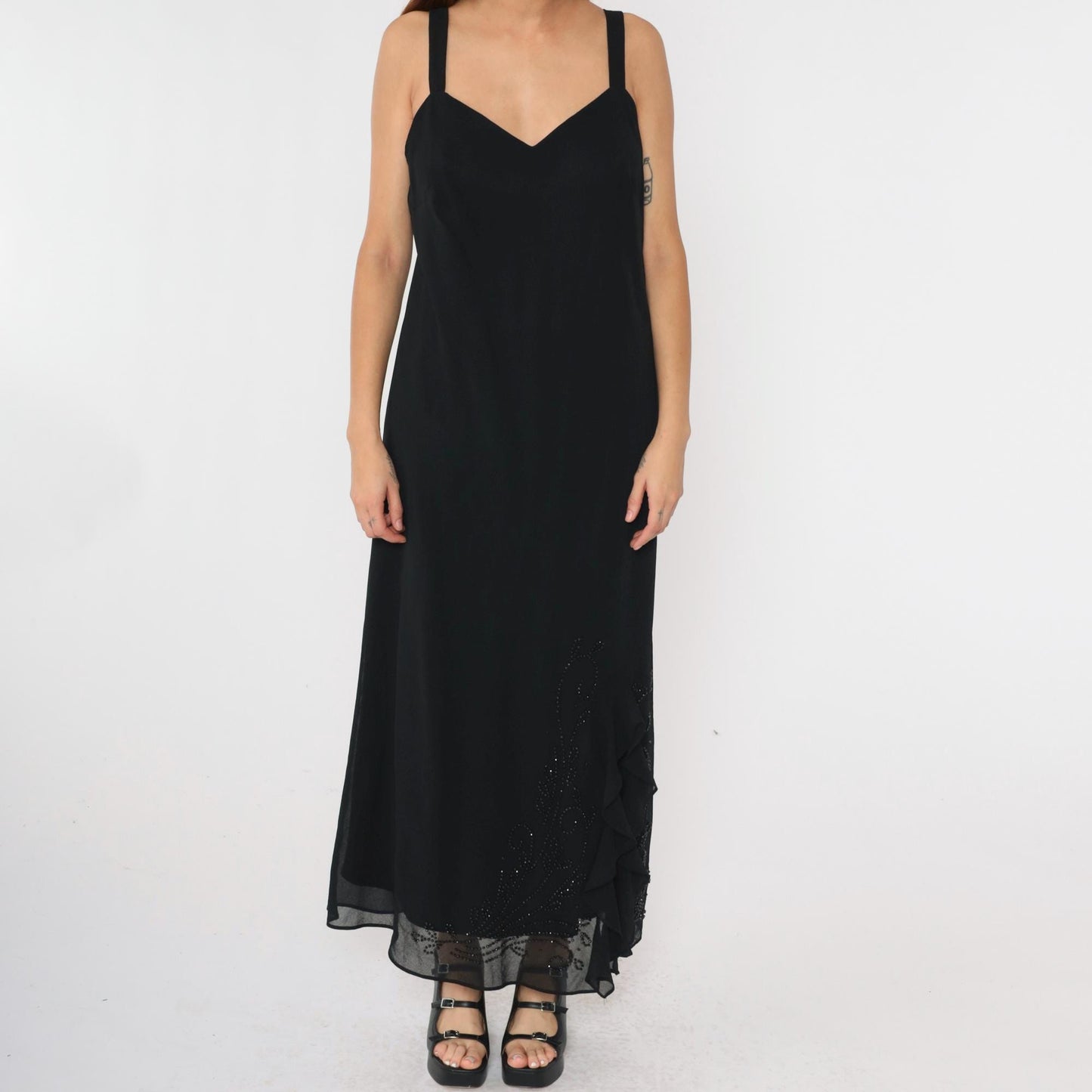 90s R & M Richards Black Chiffon Beaded Maxi Dress V-Neck Medium
