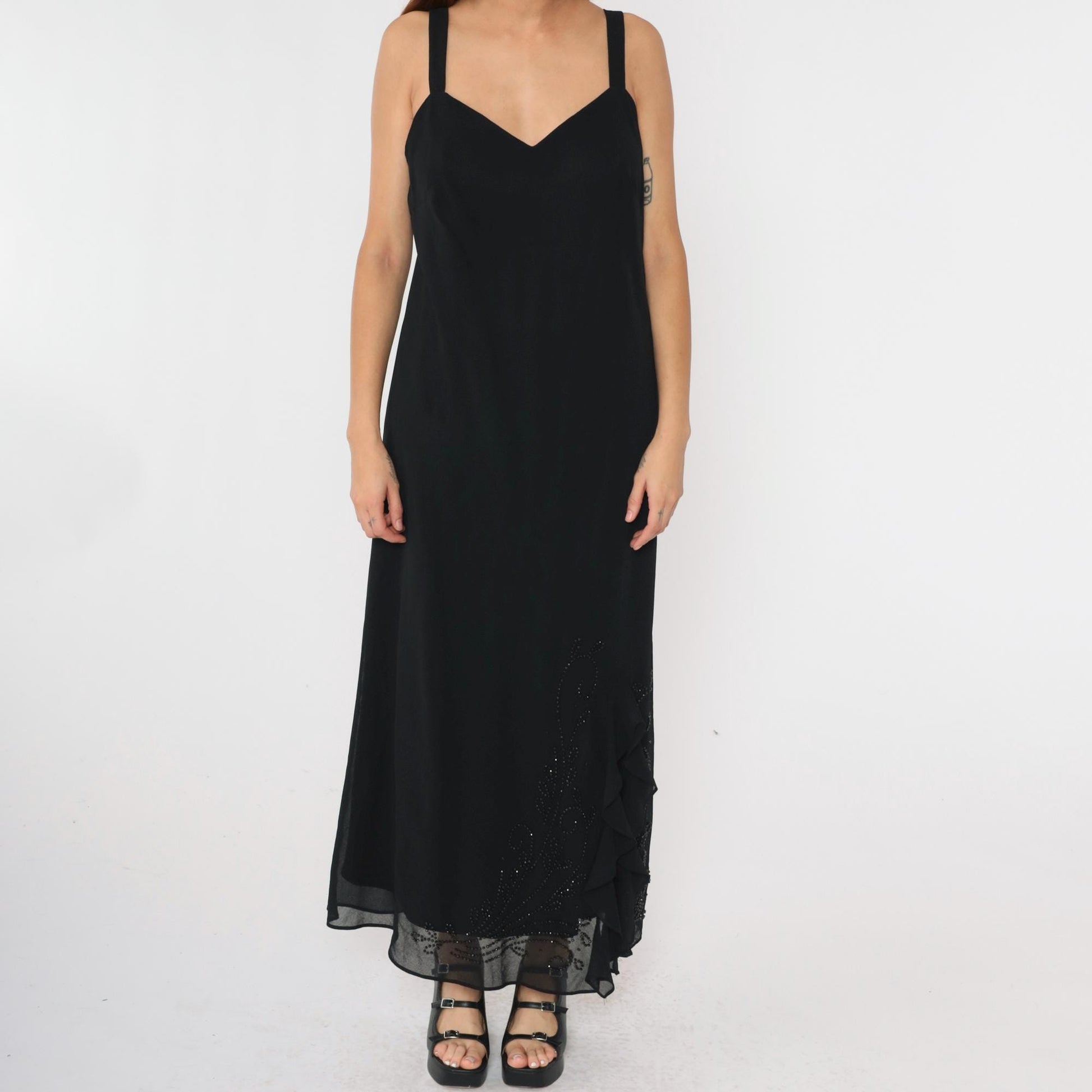 90s R & M Richards Black Chiffon Beaded Maxi Dress V-Neck Medium