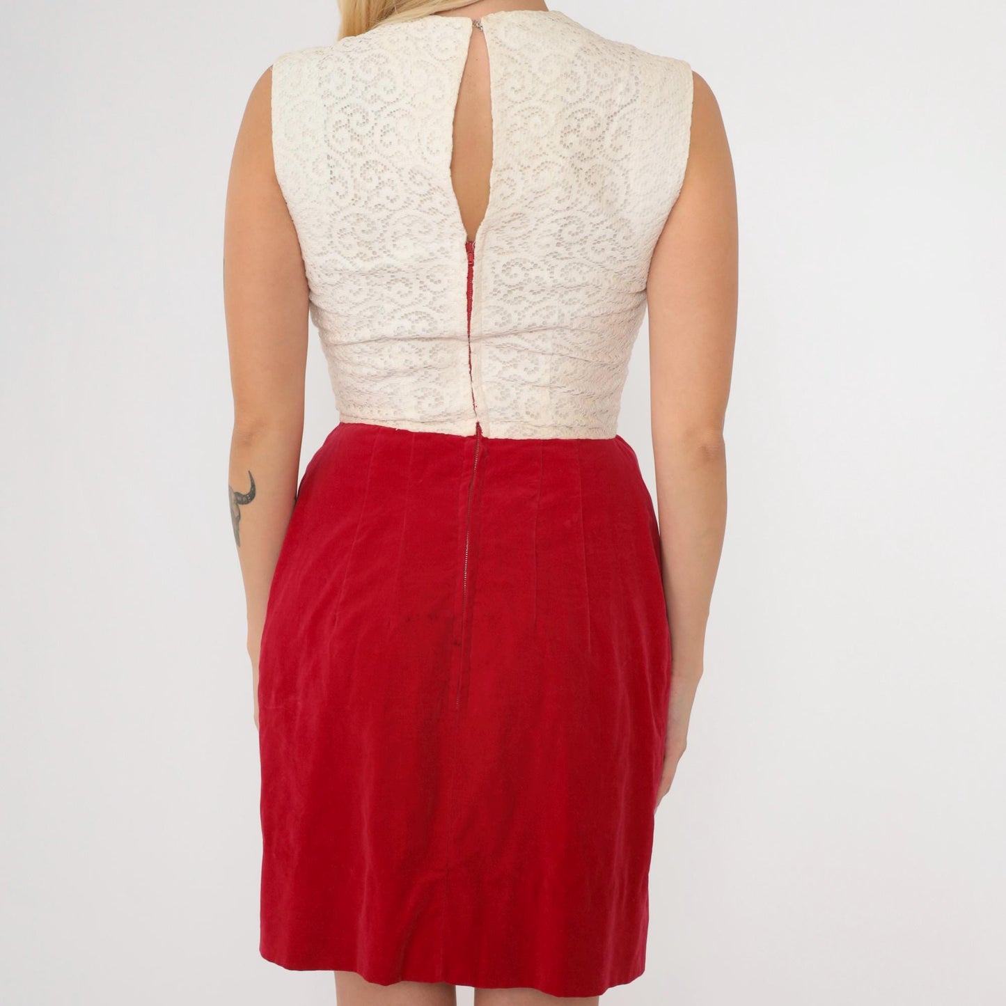 1960s Red Velvet White Lace Mini Dress Sleeveless High Waist Extra Small