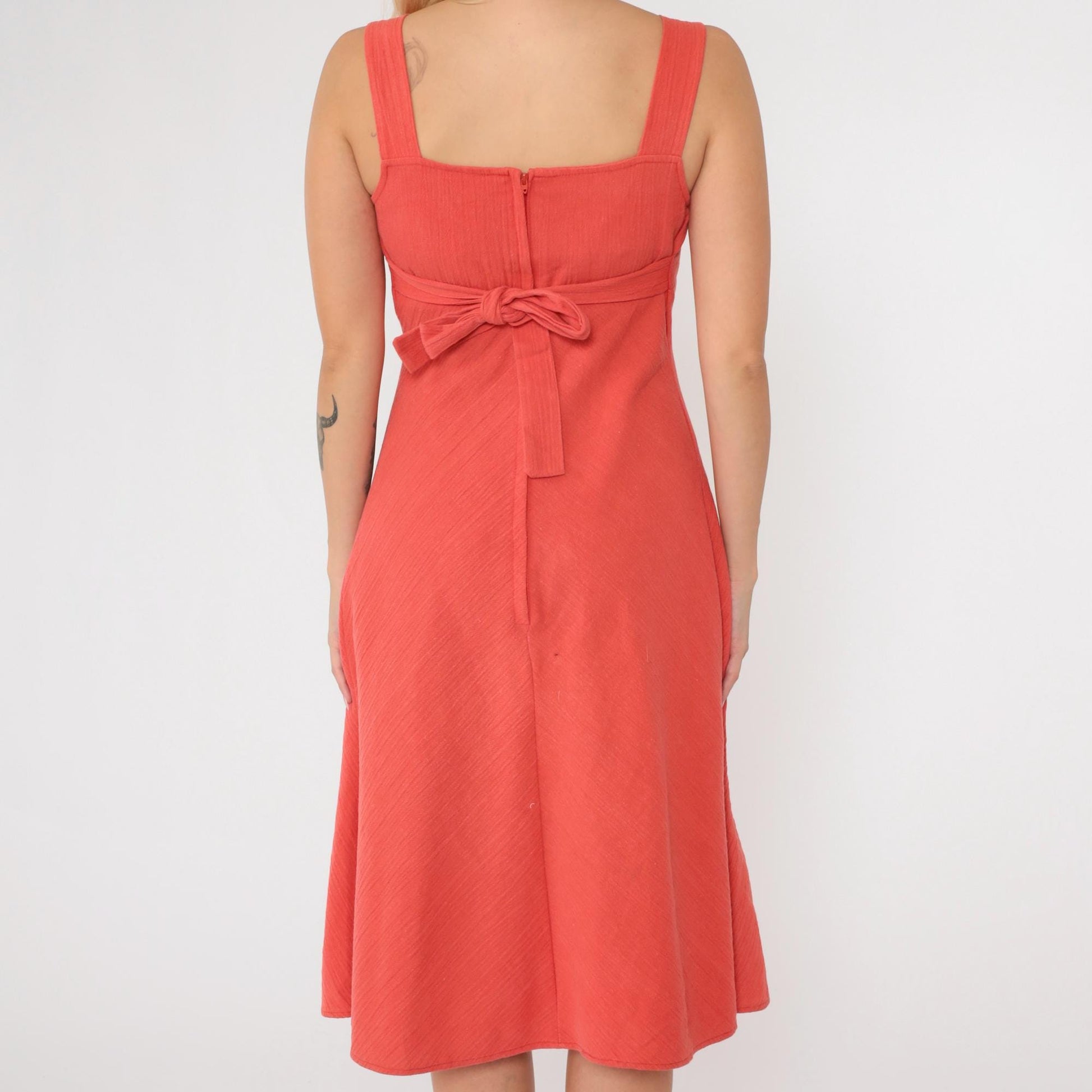 70s Coral Floral Empire Waist Midi Dress Sleeveless Cotton Blend Extra Small