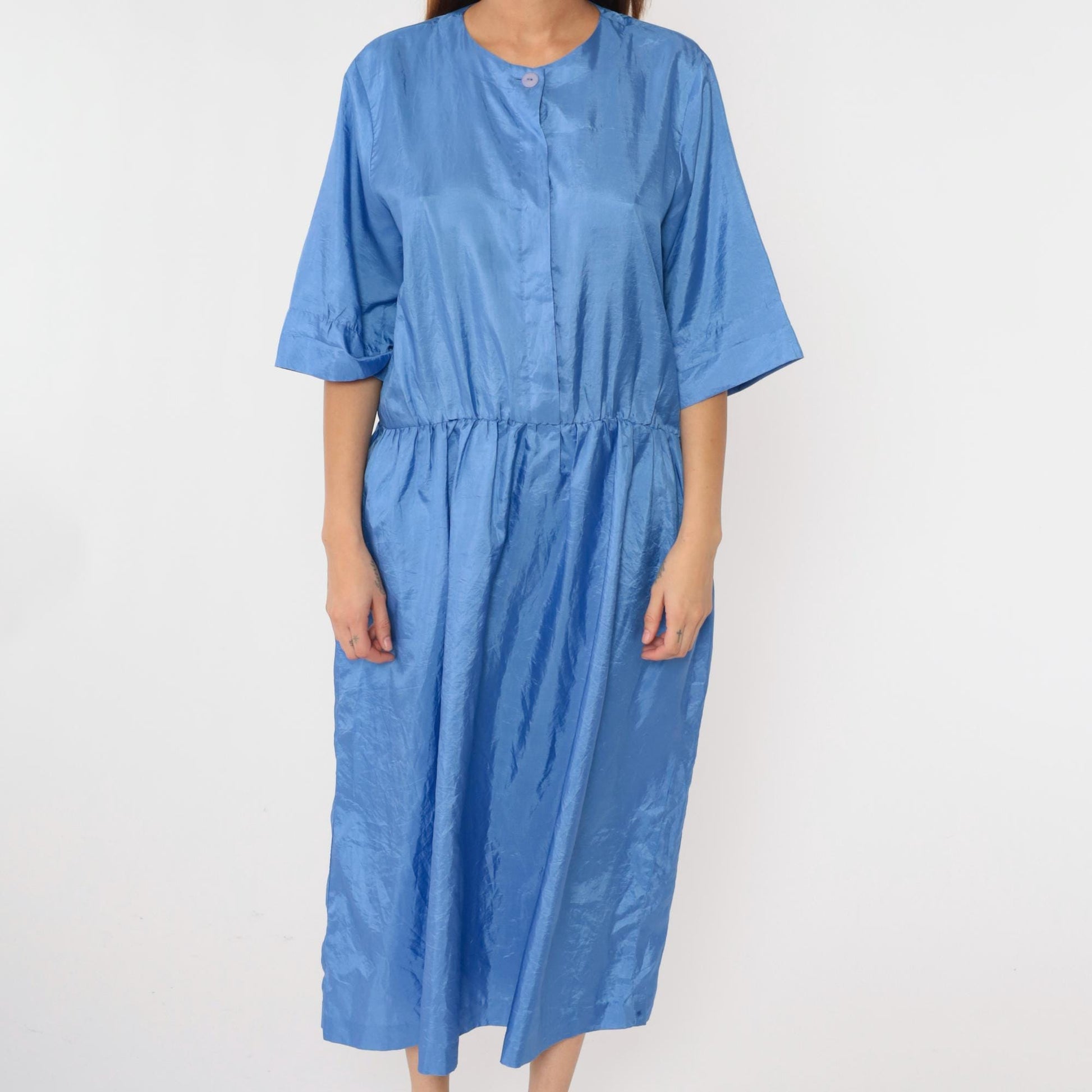 80s Ms Chaus Blue Shiny Midi Shirtdress High Waisted Button Up Medium Large