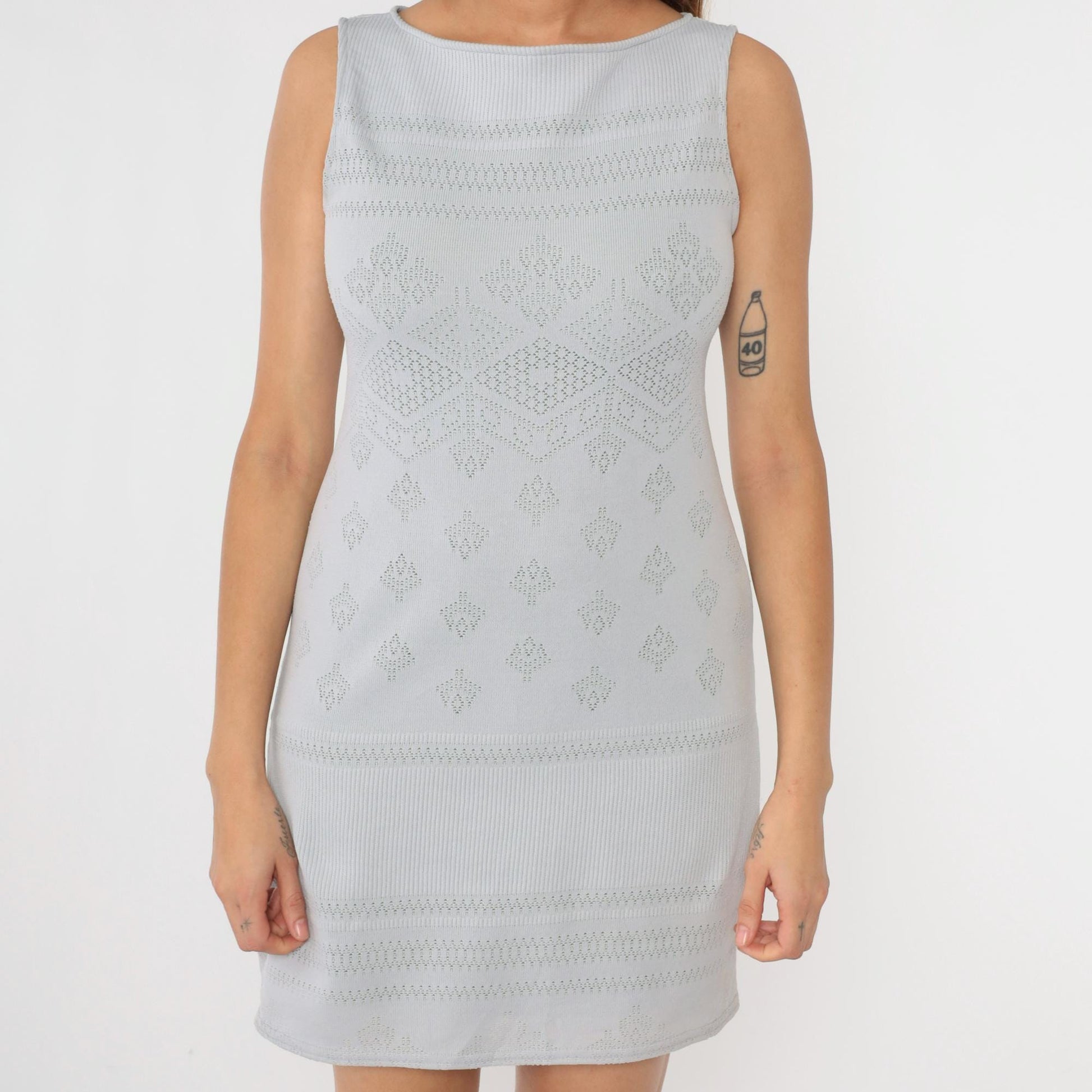 90s Gray Cutwork Mini Dress Geometric Knit Sleeveless Bodycon Small