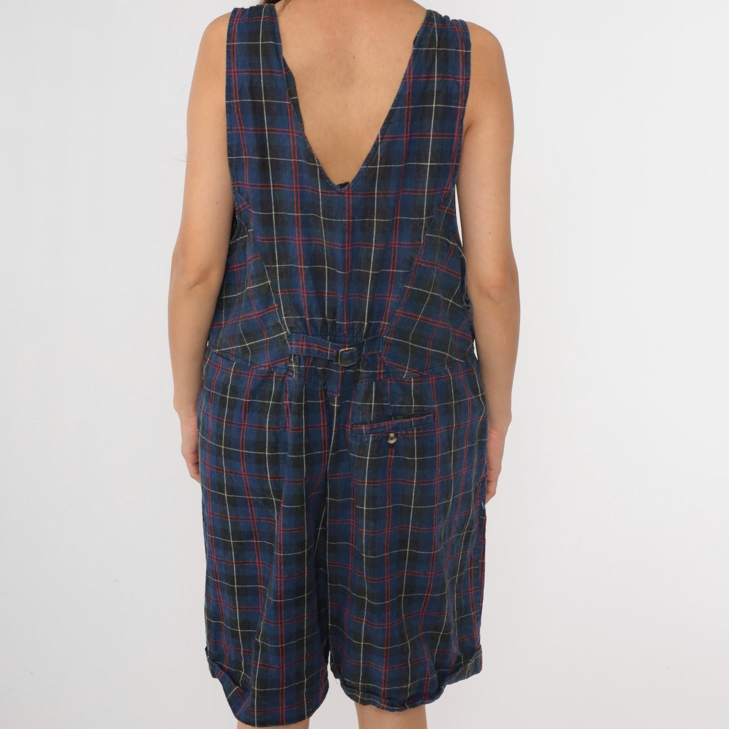 90s Catch the Spirit Checkered Romper Plus Size Charcoal Blue Deep V Neck 26W
