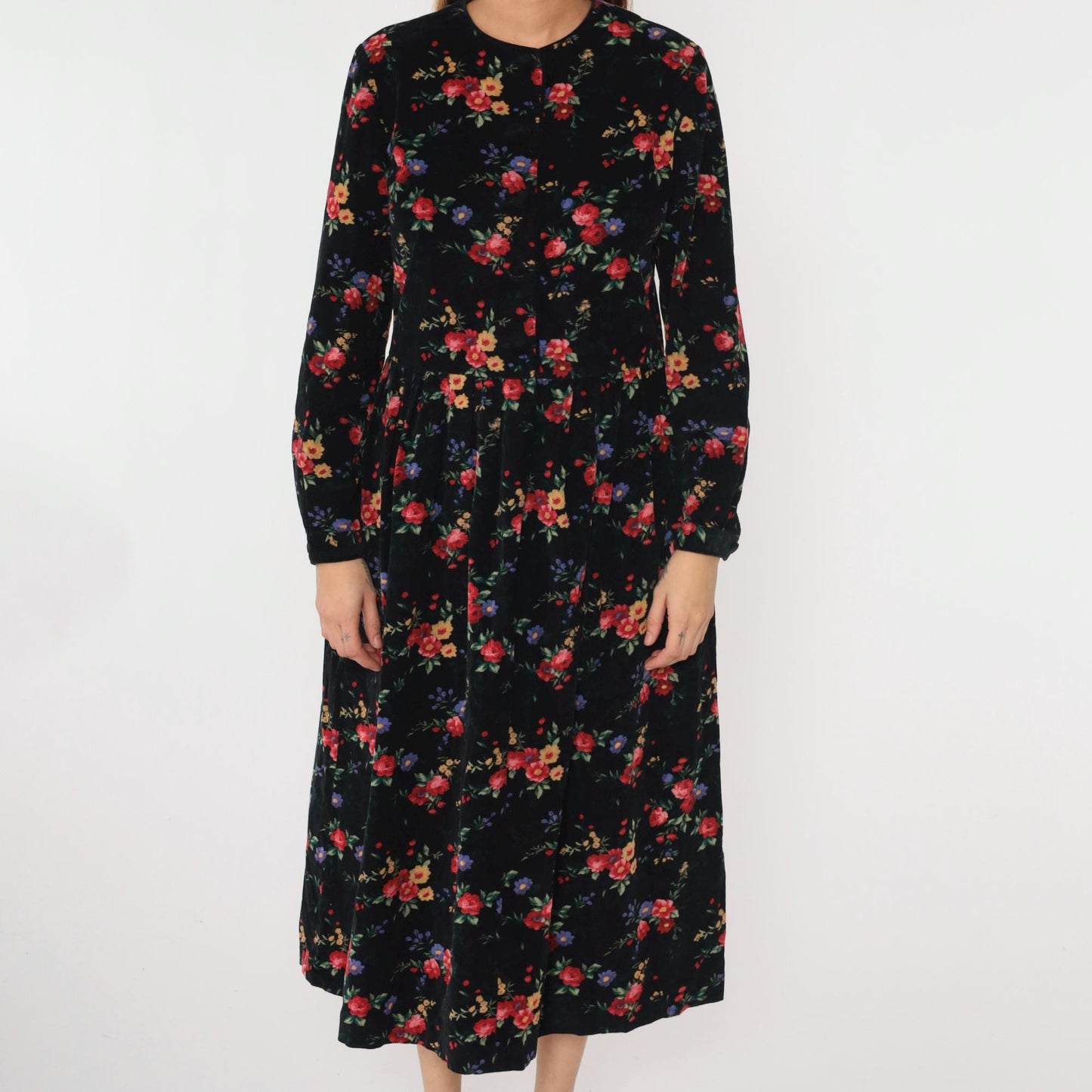 90s Talbots Floral Corduroy Midi Dress Black Button-Up High Waist Medium