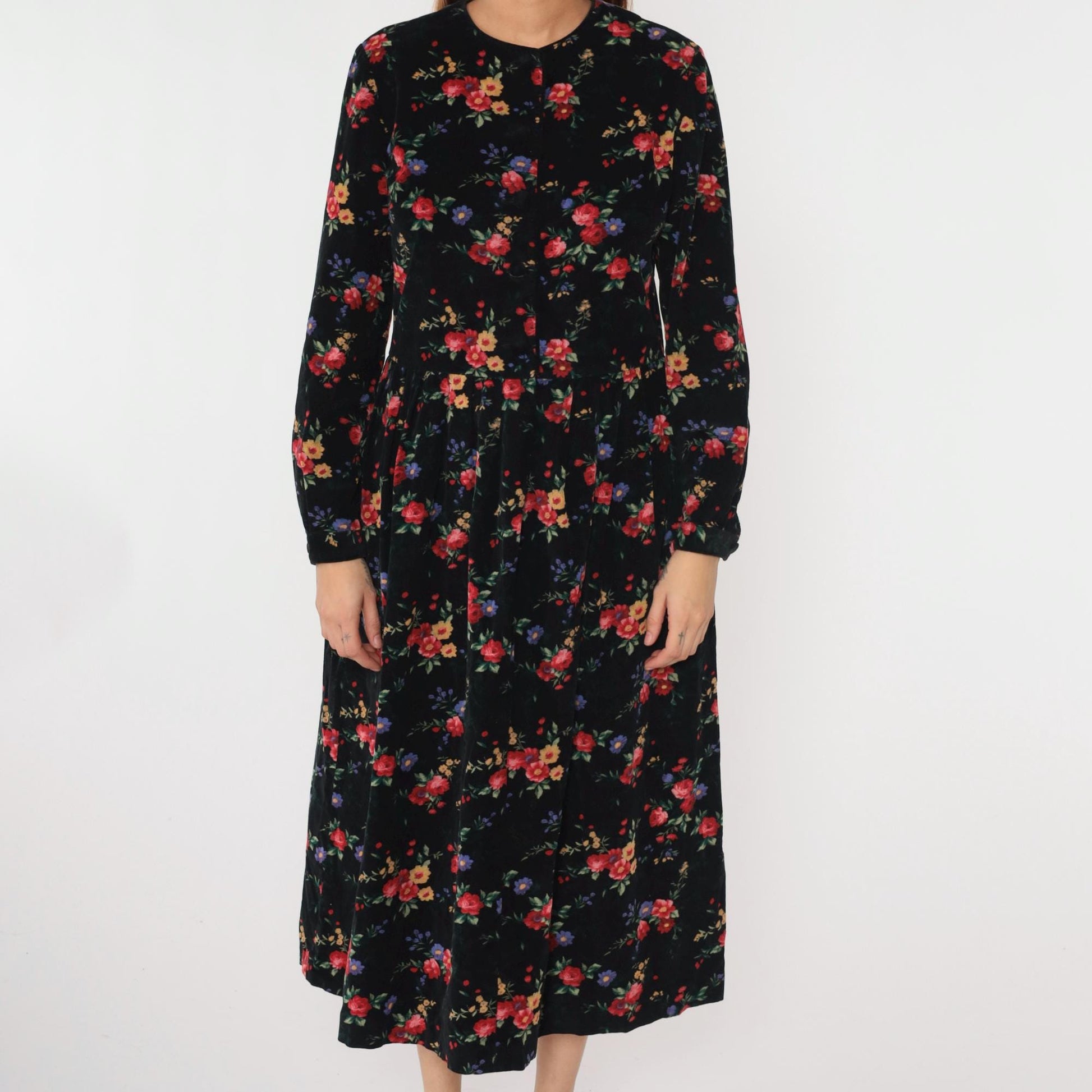 90s Talbots Floral Corduroy Midi Dress Black Button-Up High Waist Medium