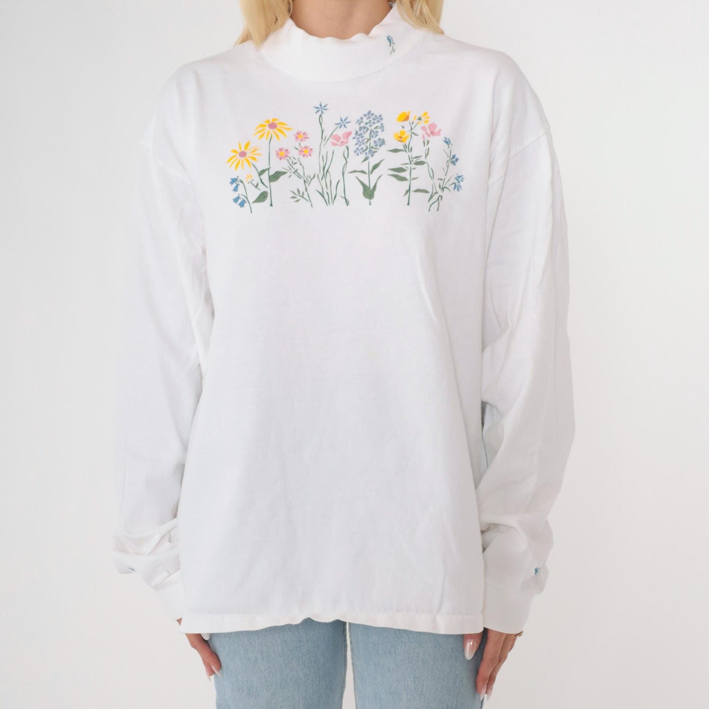 Y2K Wildflower Graphic Mock Neck Long Sleeve Tee White Cotton Large L