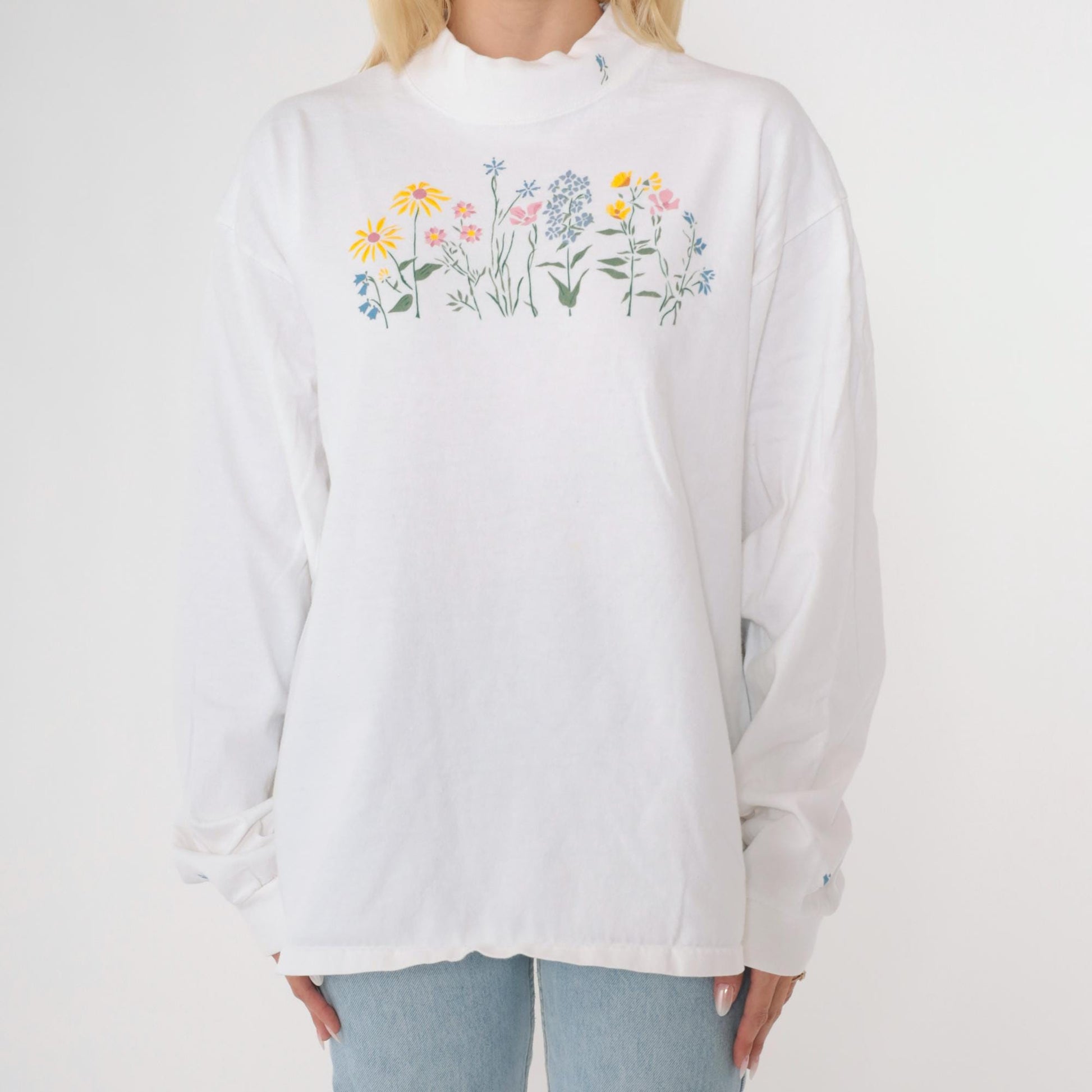 Y2K Wildflower Graphic Mock Neck Long Sleeve Tee White Cotton Large L