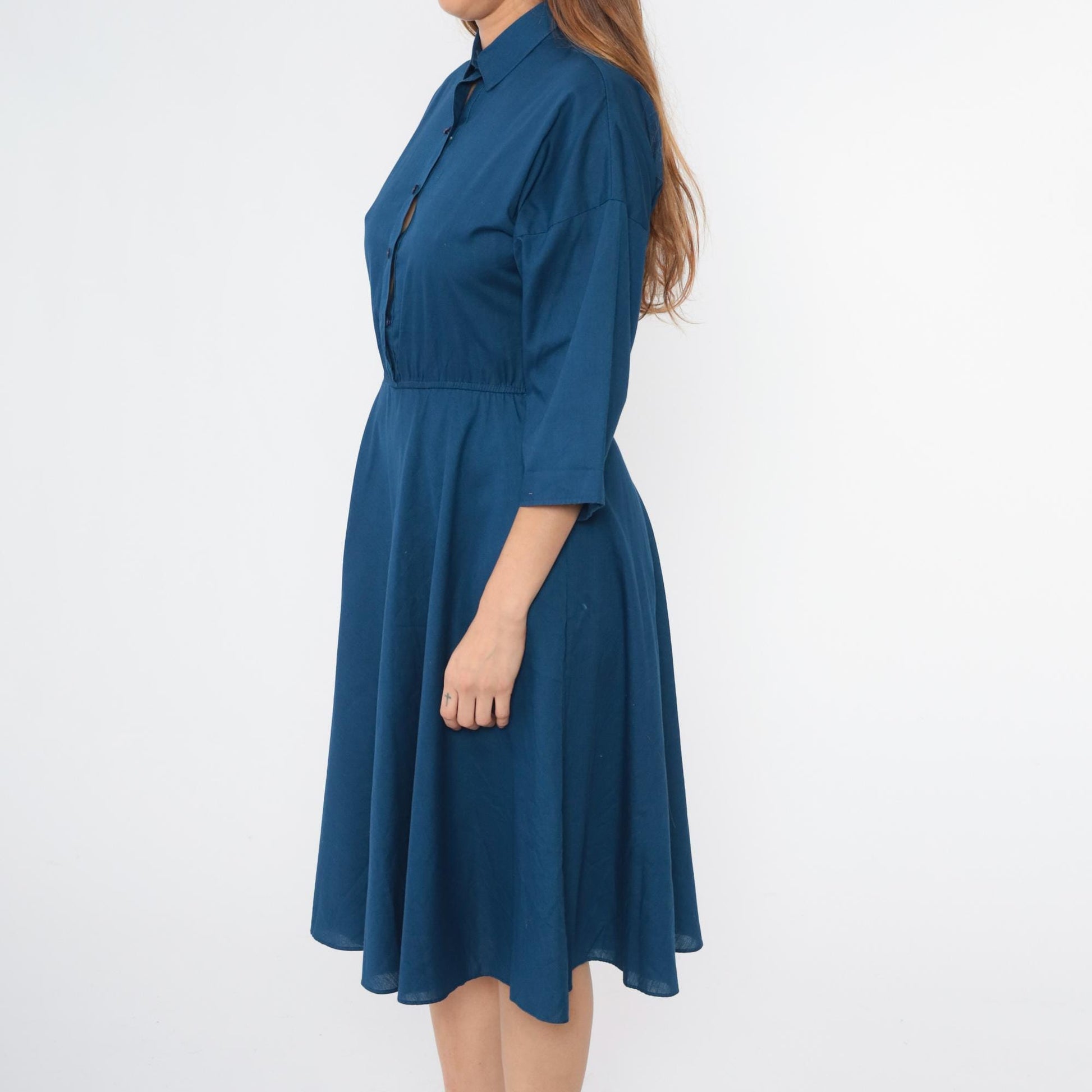 80s The American Shirt Dress Navy Blue Button-Up Midi Collared Small Medium