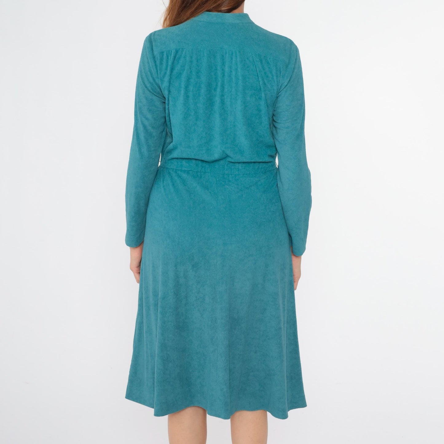 80s Teal Terry Cloth Midi Dress Mandarin Collar High Waist Long Sleeve Small