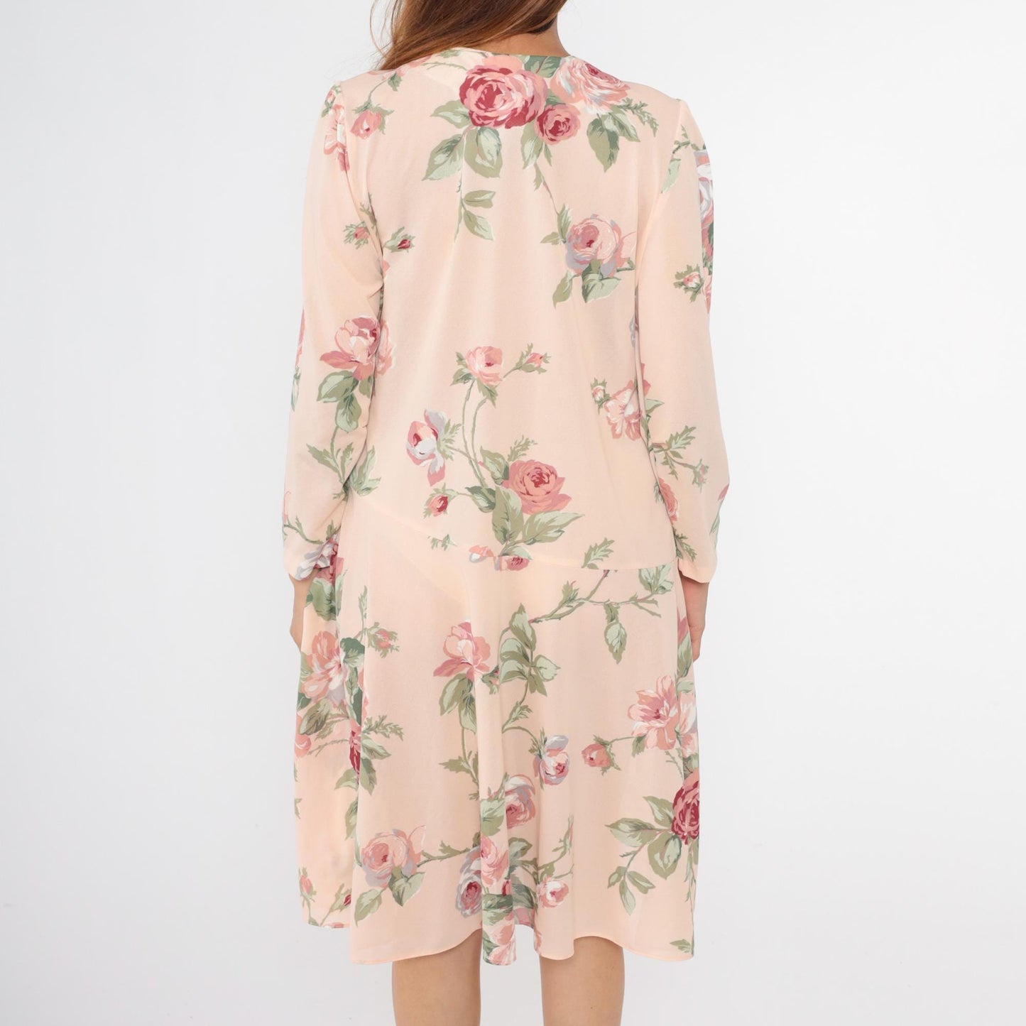 80s Pastel Pink Floral Wrap Midi Dress Drop Waist Puff Sleeve Large