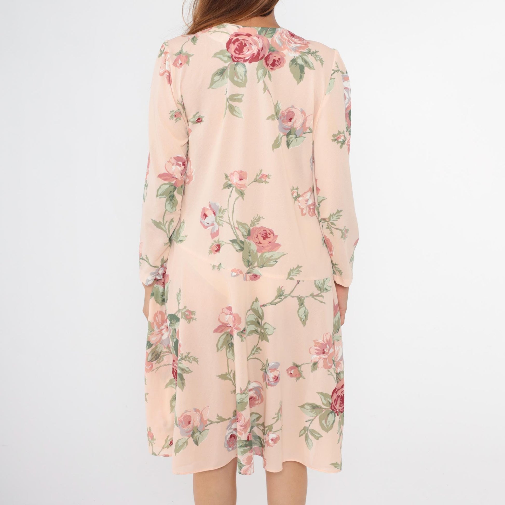 80s Pastel Pink Floral Wrap Midi Dress Drop Waist Puff Sleeve Large