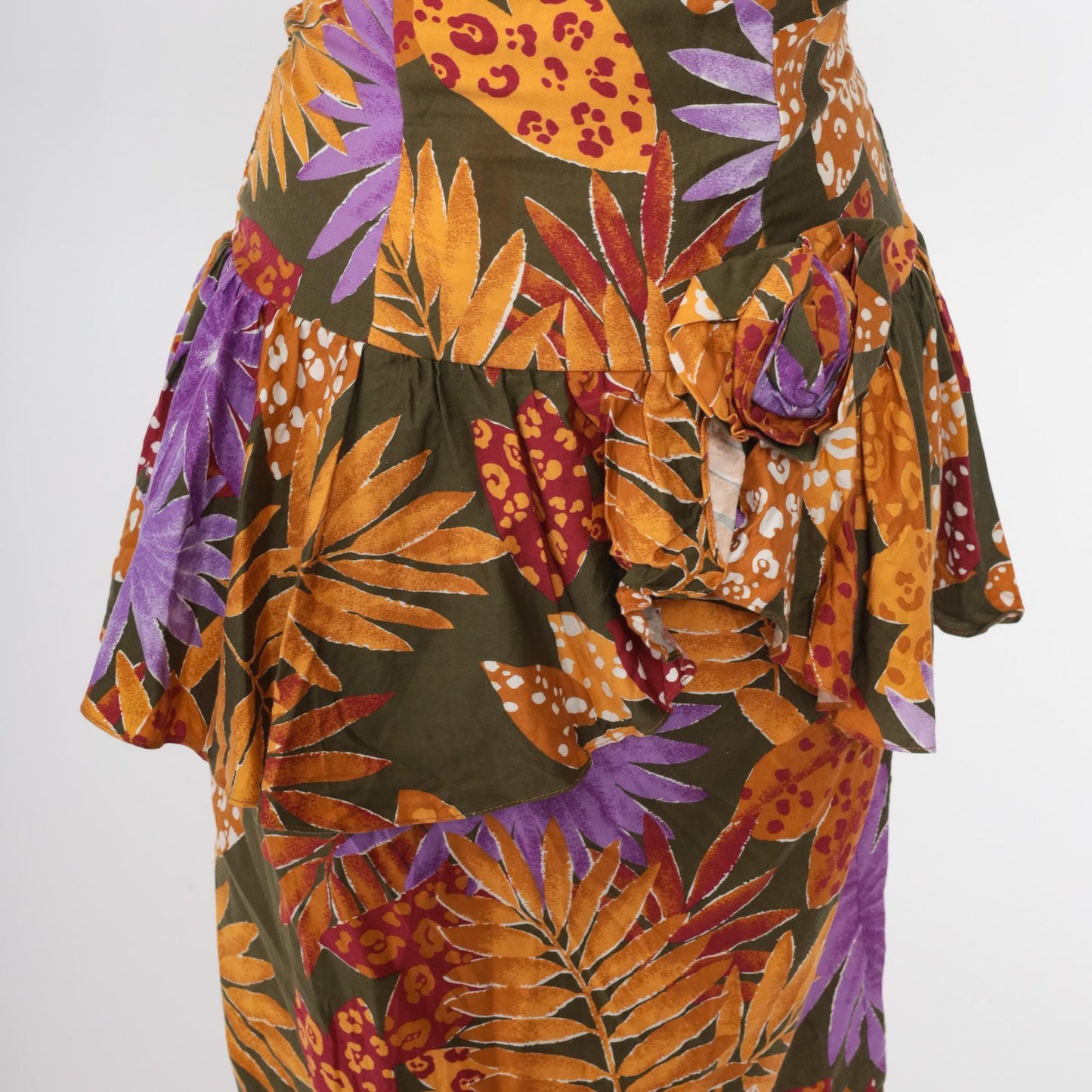 80s Tropical Leaf Print Strapless Midi Dress Sweetheart Neckline Peplum Olive Green Small
