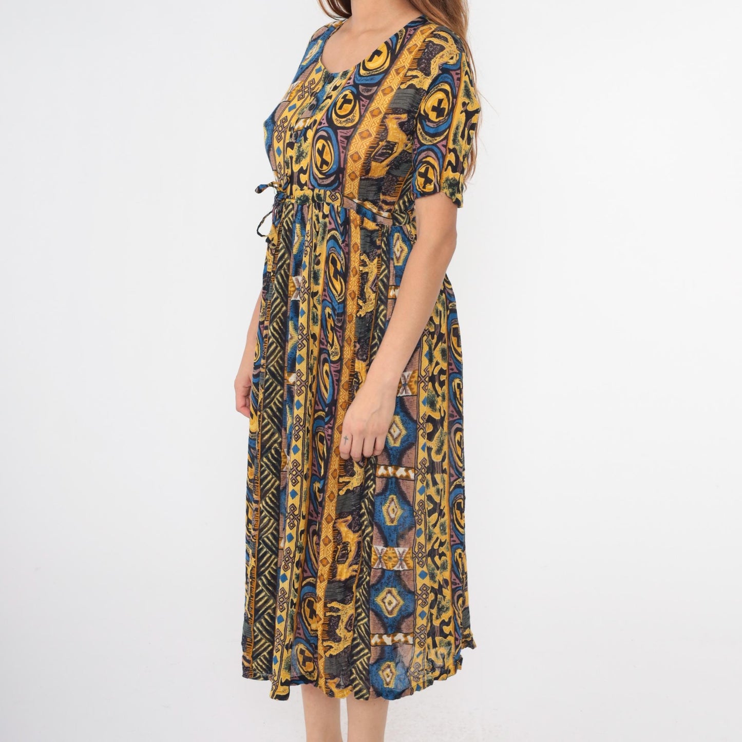 90s MintMode Geometric Horse Print Midi Dress Button Front Yellow Blue Small S