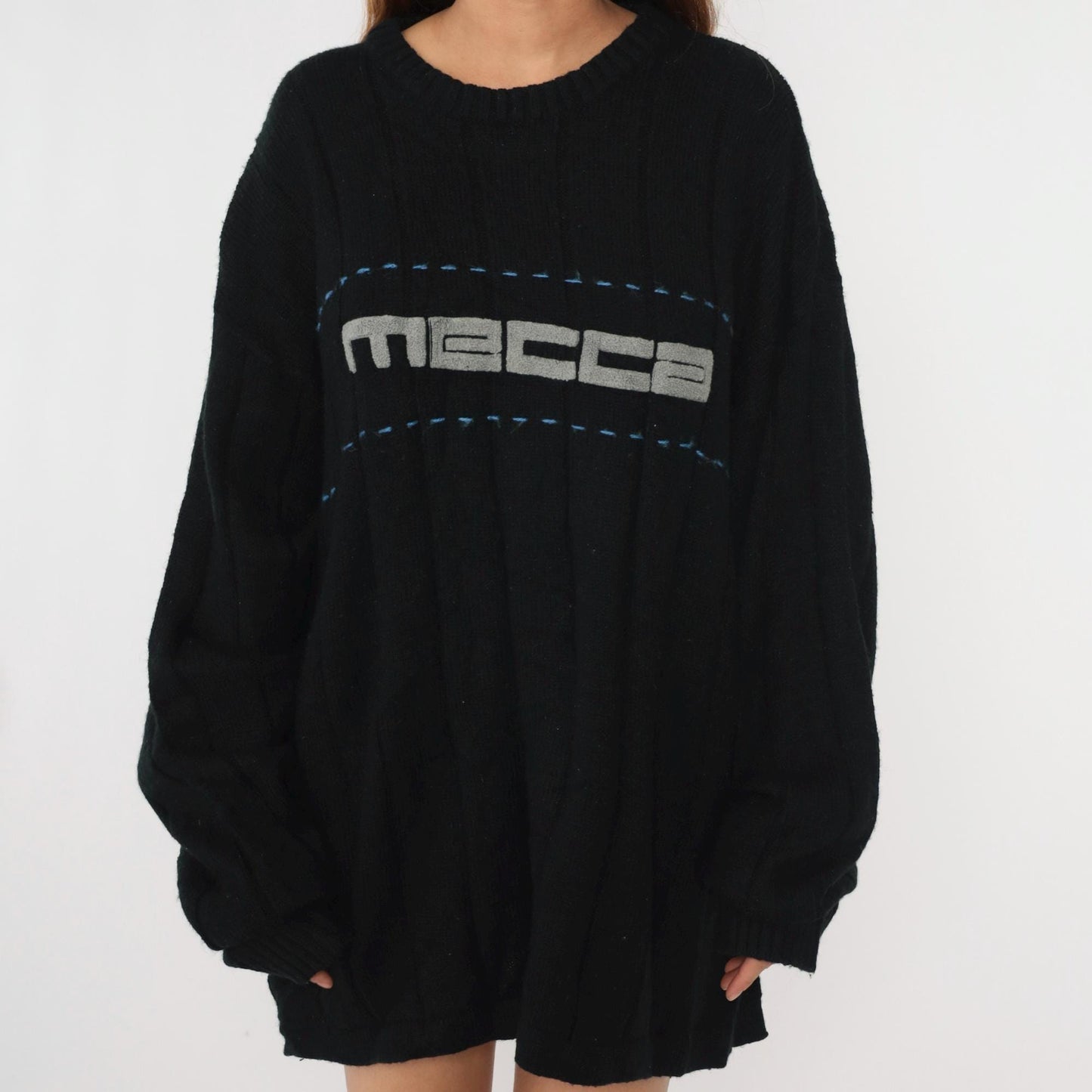 Y2K Mecca Black Logo Crewneck Sweater Ribbed Terry Cloth Pullover Extra Extra Large XXL