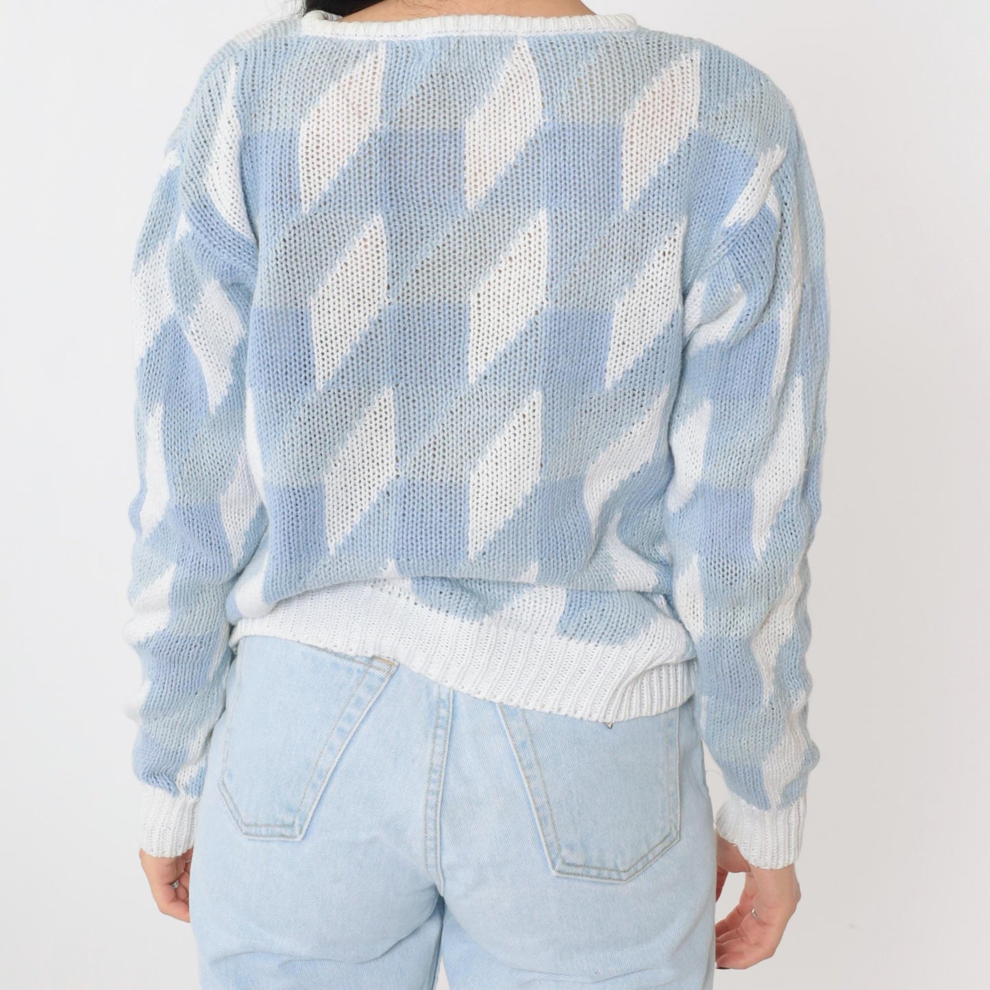 80s JH Collectibles Geometric Knit Sweater Light Blue White Crew Neck Small