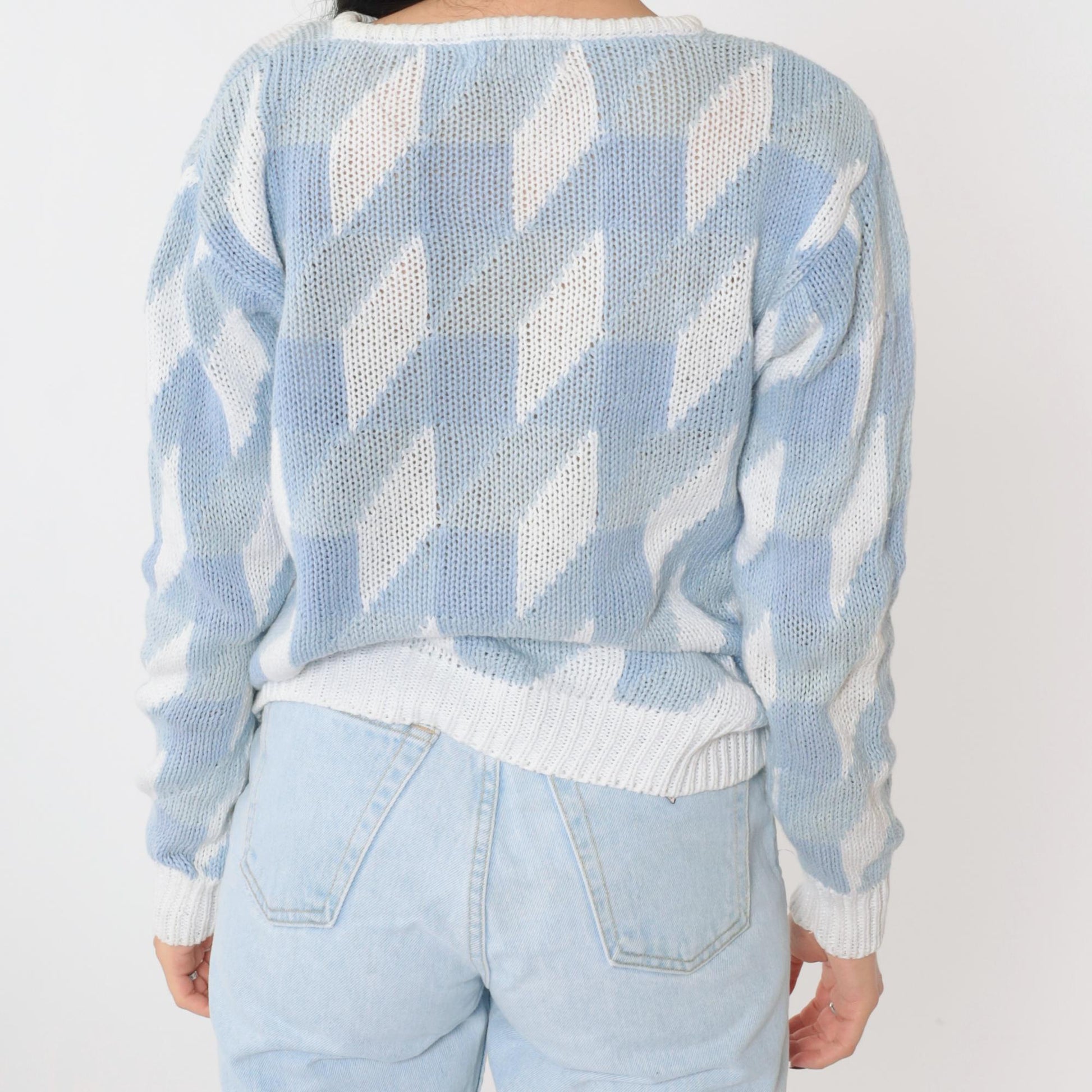 80s JH Collectibles Geometric Knit Sweater Light Blue White Crew Neck Small