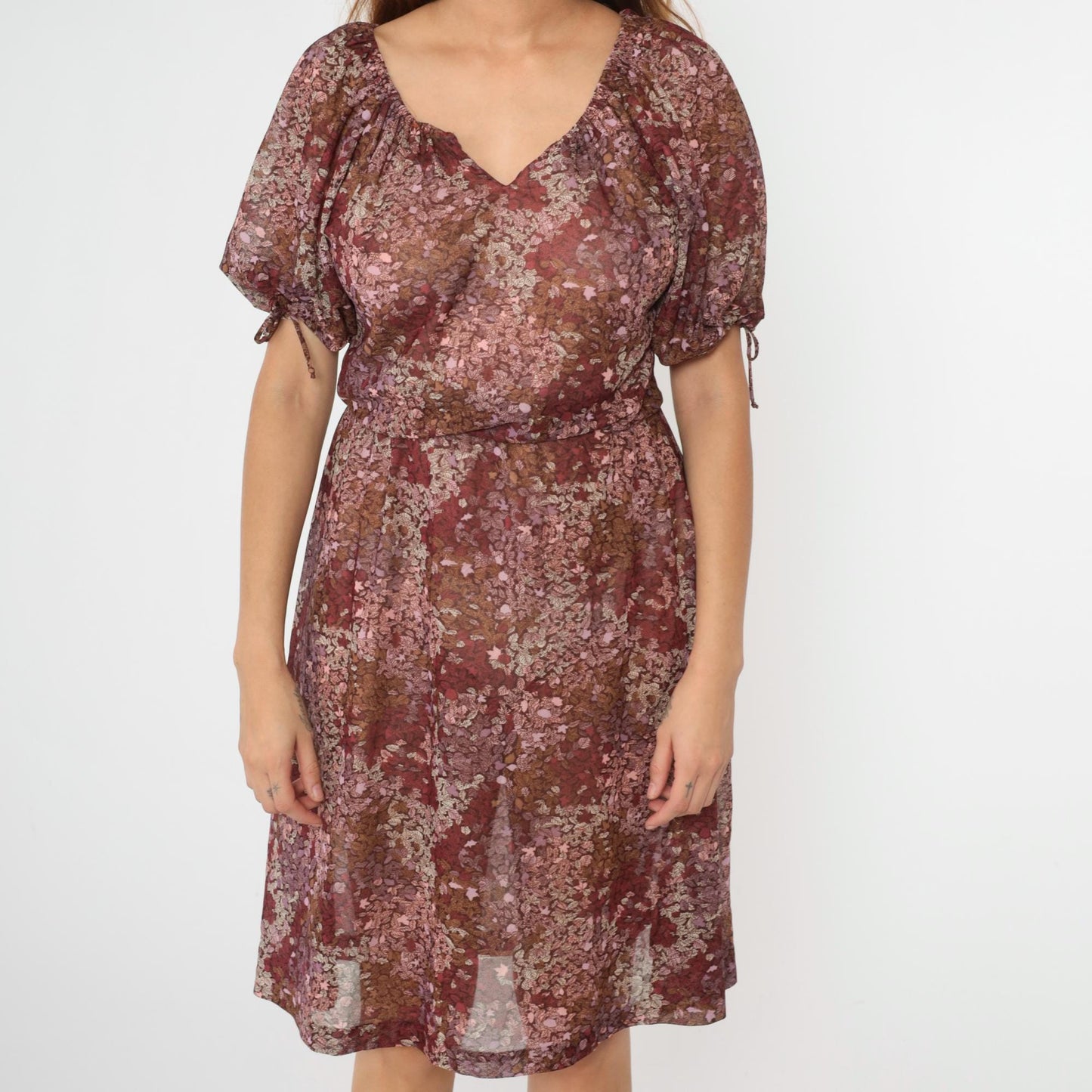 70s Floral Peasant Midi Dress High Waist Puff Sleeve Burgundy Pink Small