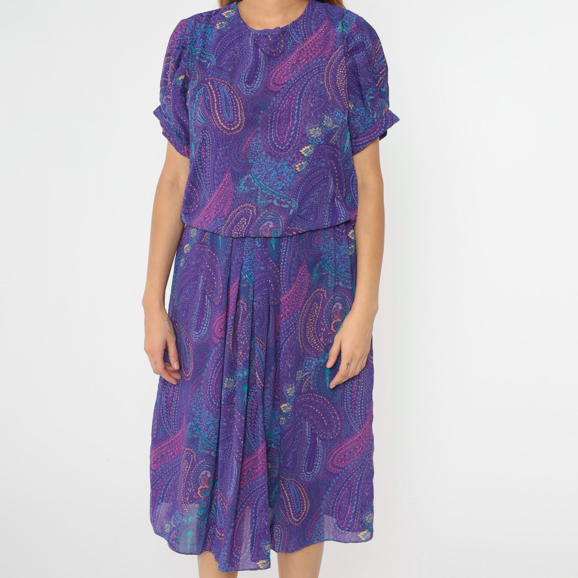 80s Purple Paisley Midi Dress Puff Sleeve High Waist Blouson Medium Large