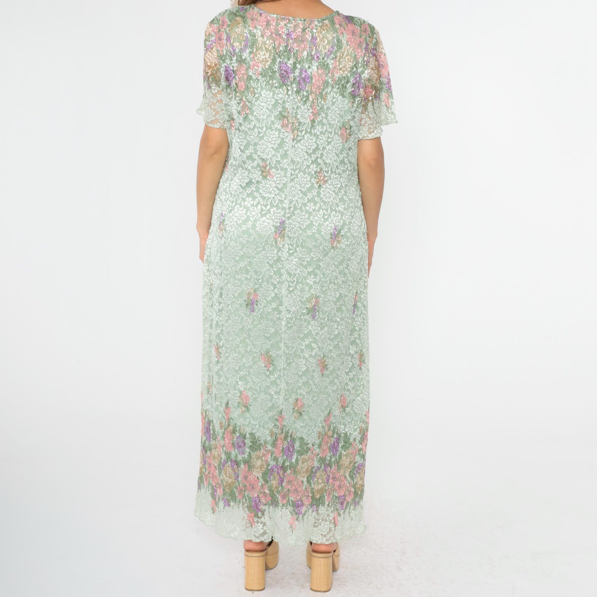 90s Shar Ade of California Pastel Green Floral Lace Maxi Dress Plus Size XXL