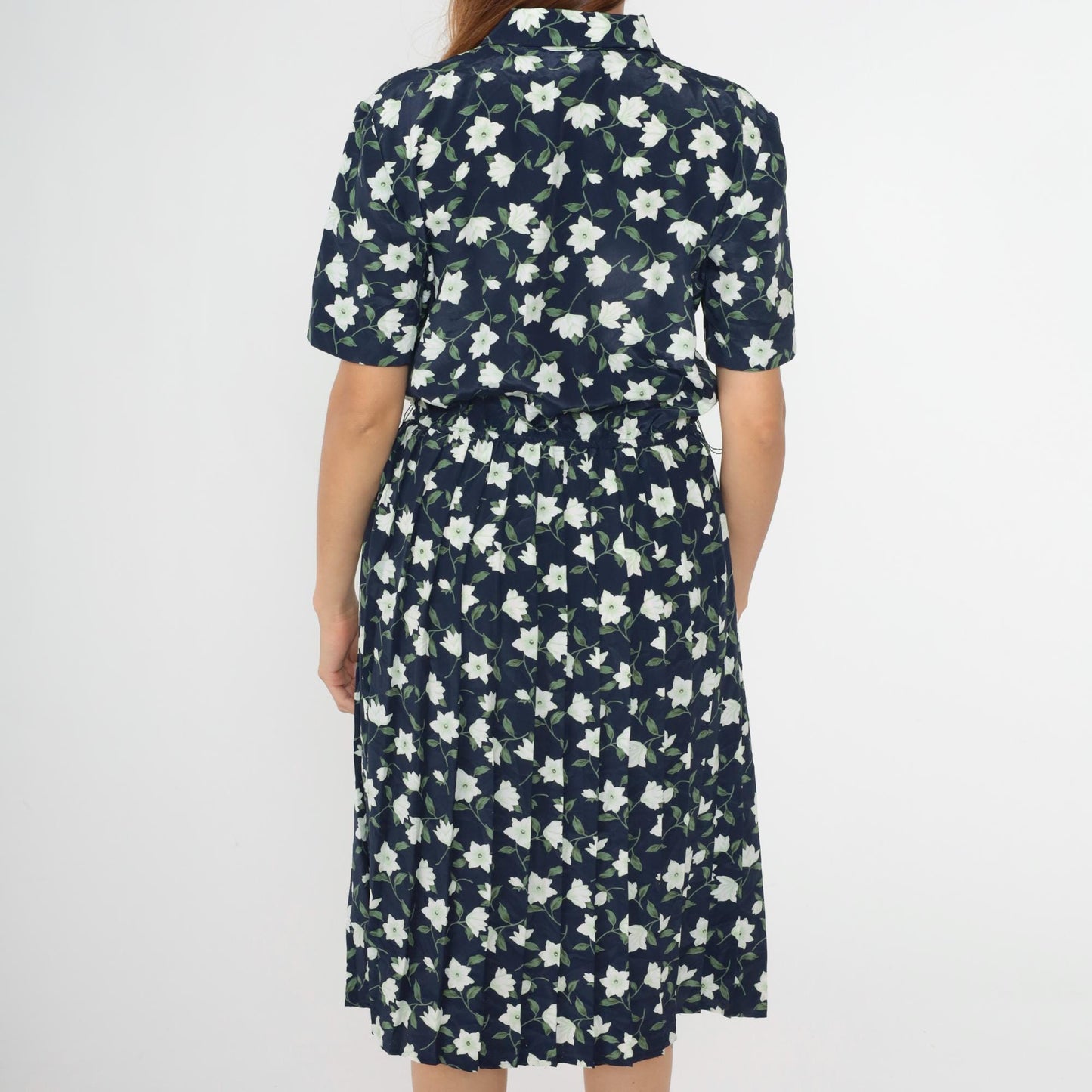 90s Leslie Fay Navy Floral Midi Shirtdress Button-Up Pleated Medium