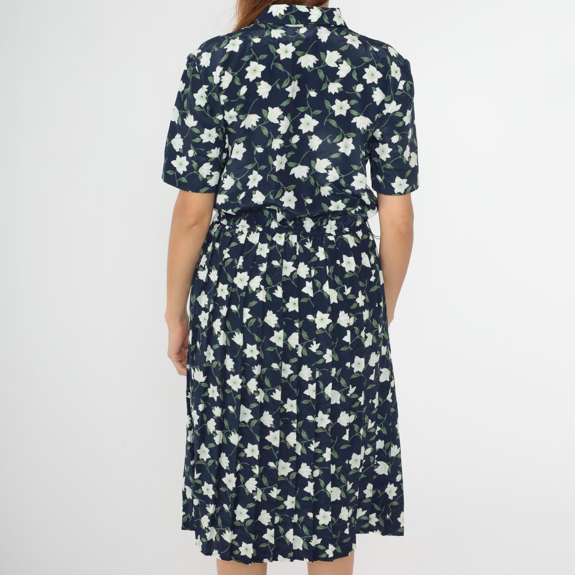 90s Leslie Fay Navy Floral Midi Shirtdress Button-Up Pleated Medium