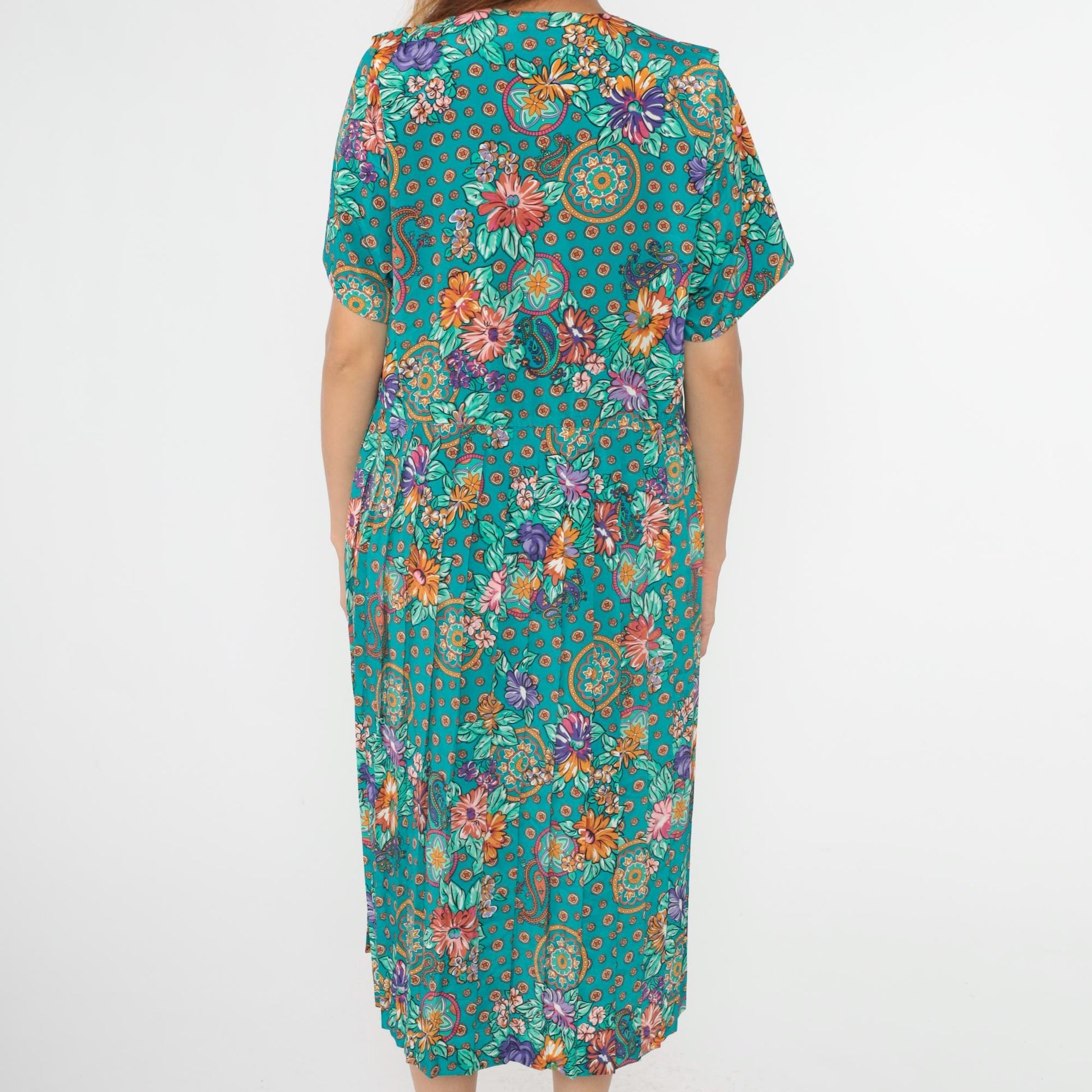 80s Turquoise Paisley Floral Midi Shirtdress Leslie Fay Button Front Pleated Medium Petite