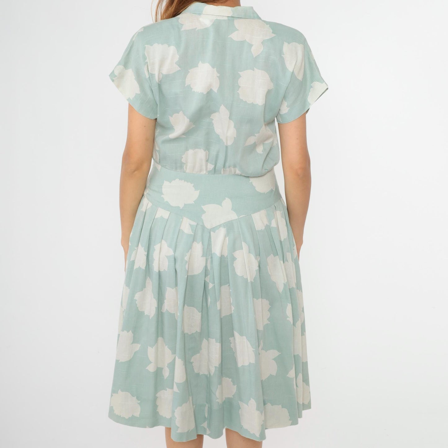 80s Seafoam Floral Midi Dress Button-Up Collared Short Sleeve Small Medium