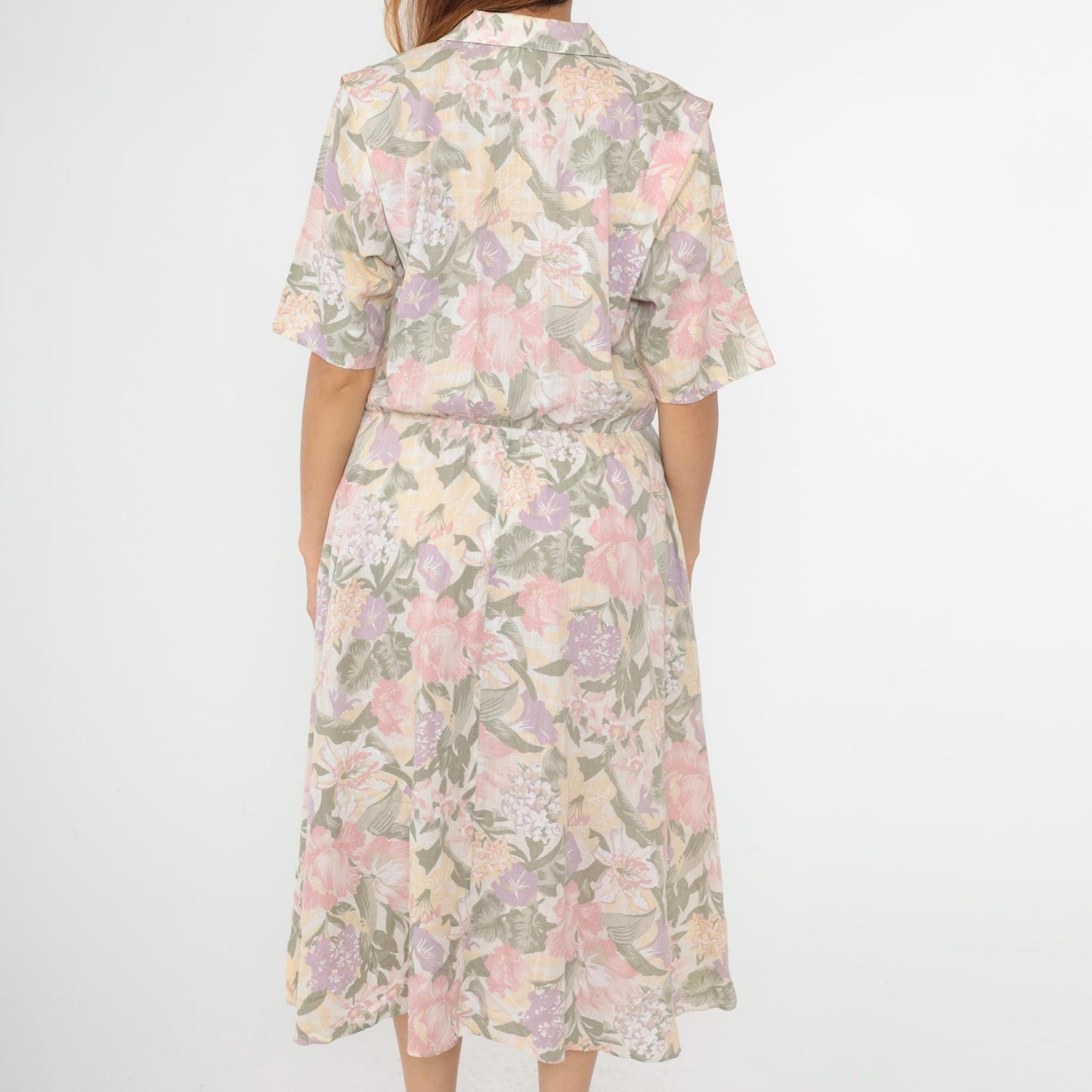 80s Floral Midi Dress High Waisted V Neck Short Sleeve Faux Wrap Medium
