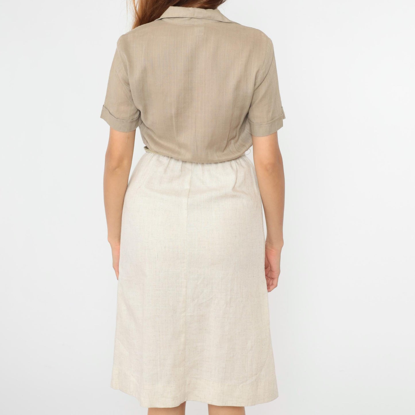 80s Taupe Button-Up Midi Shirtdress High-Waisted Cream Pencil Skirt Small