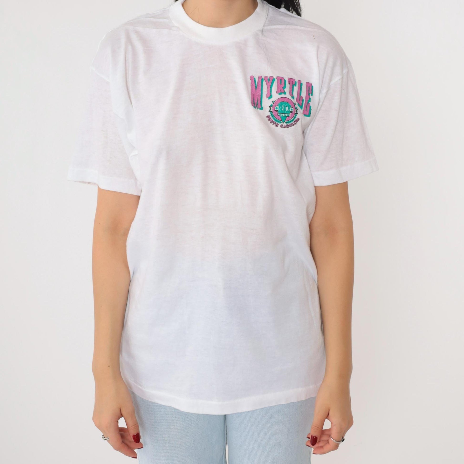 90s Myrtle Beach Graphic T-Shirt White Single Stitch Crewneck Medium