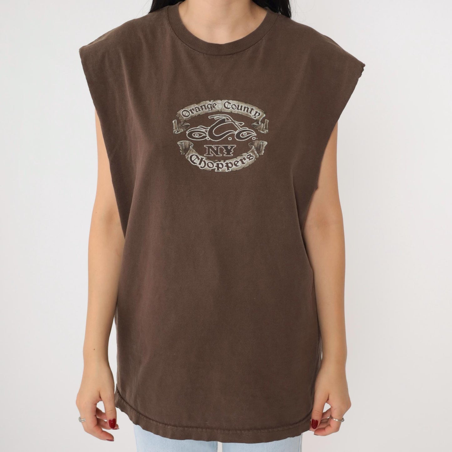 Y2K Orange County Choppers Bulldog Graphic Tank Top Brown Cotton Medium