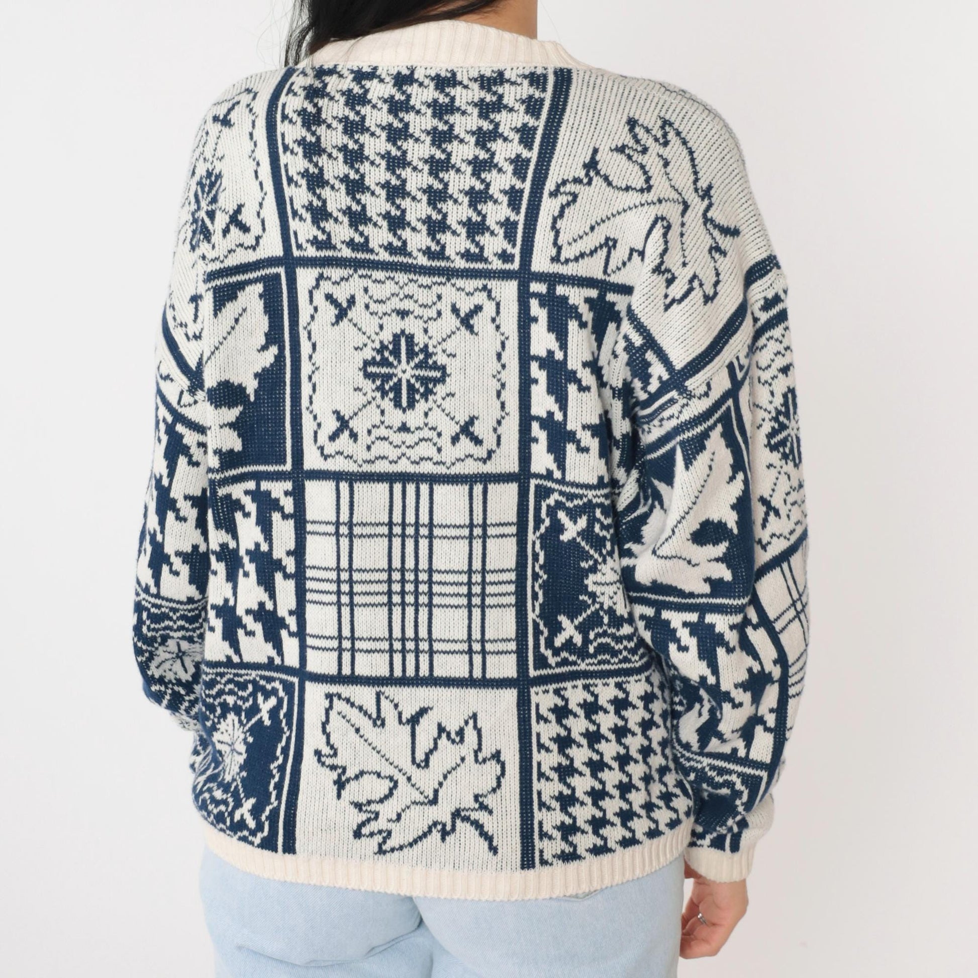 90s Cabin Creek Patchwork Knit Sweater Houndstooth Checkered Crewneck Medium