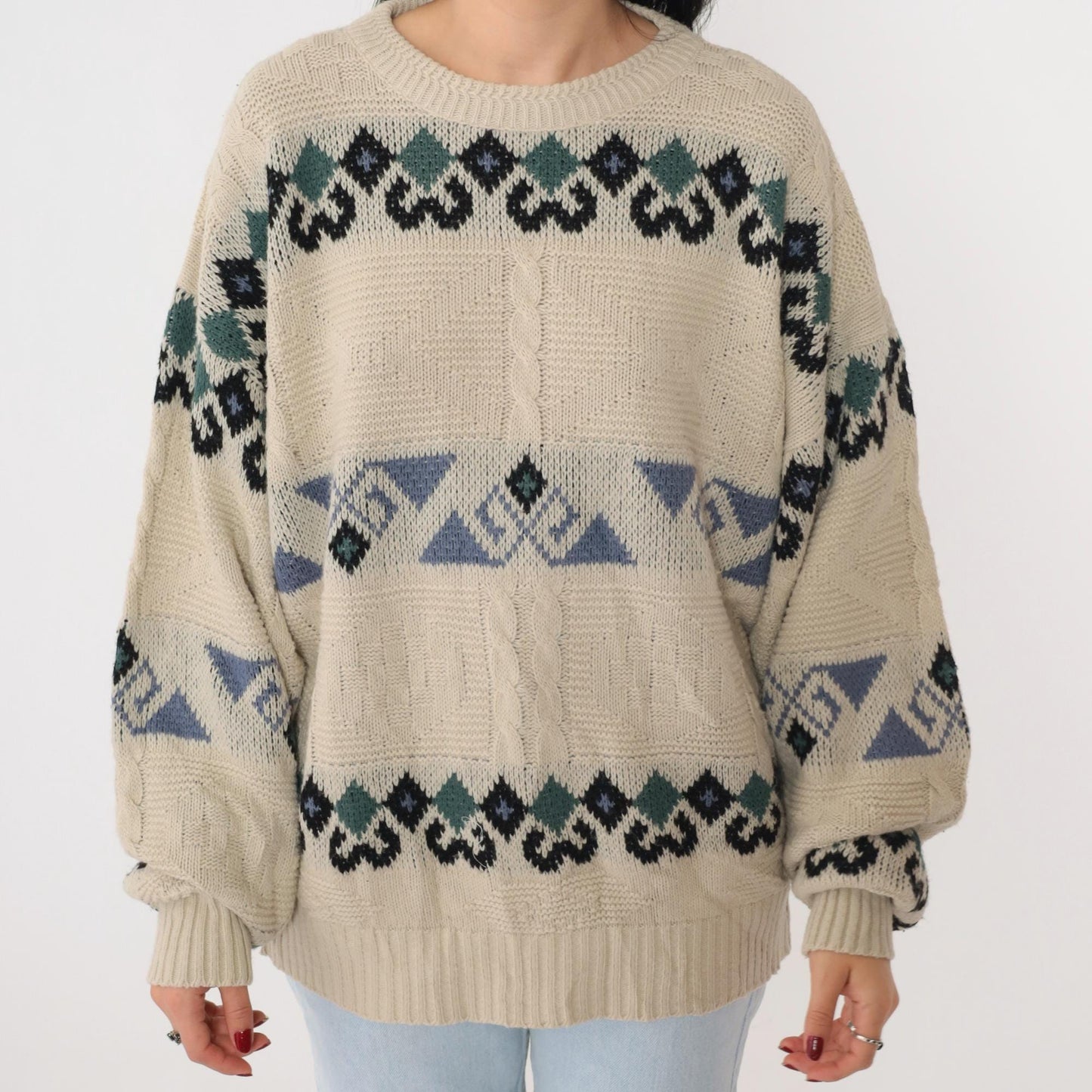 90s Beige Geometric Cable Knit Crewneck Sweater Jacquard Pullover Large L