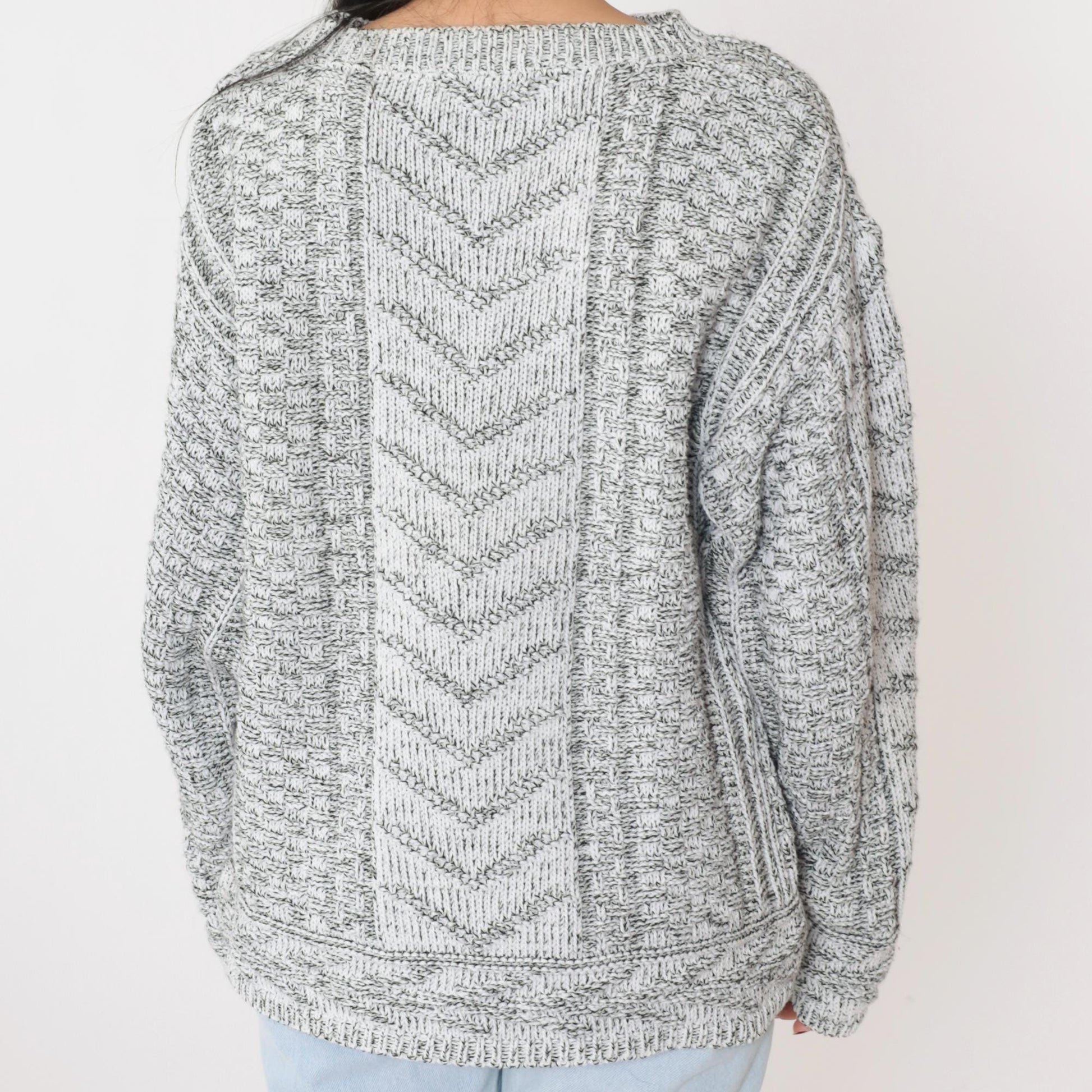 90s Grey Chevron Knit Pullover Sweater White Geometric Crewneck Small