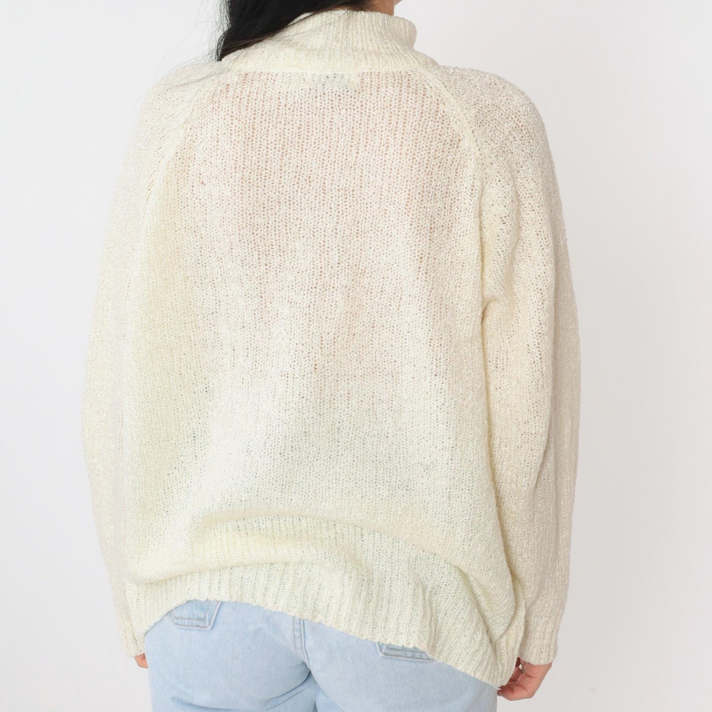 80s Miranda Cable Knit Sweater Cream Mock Neck Pearl Buttons Large L