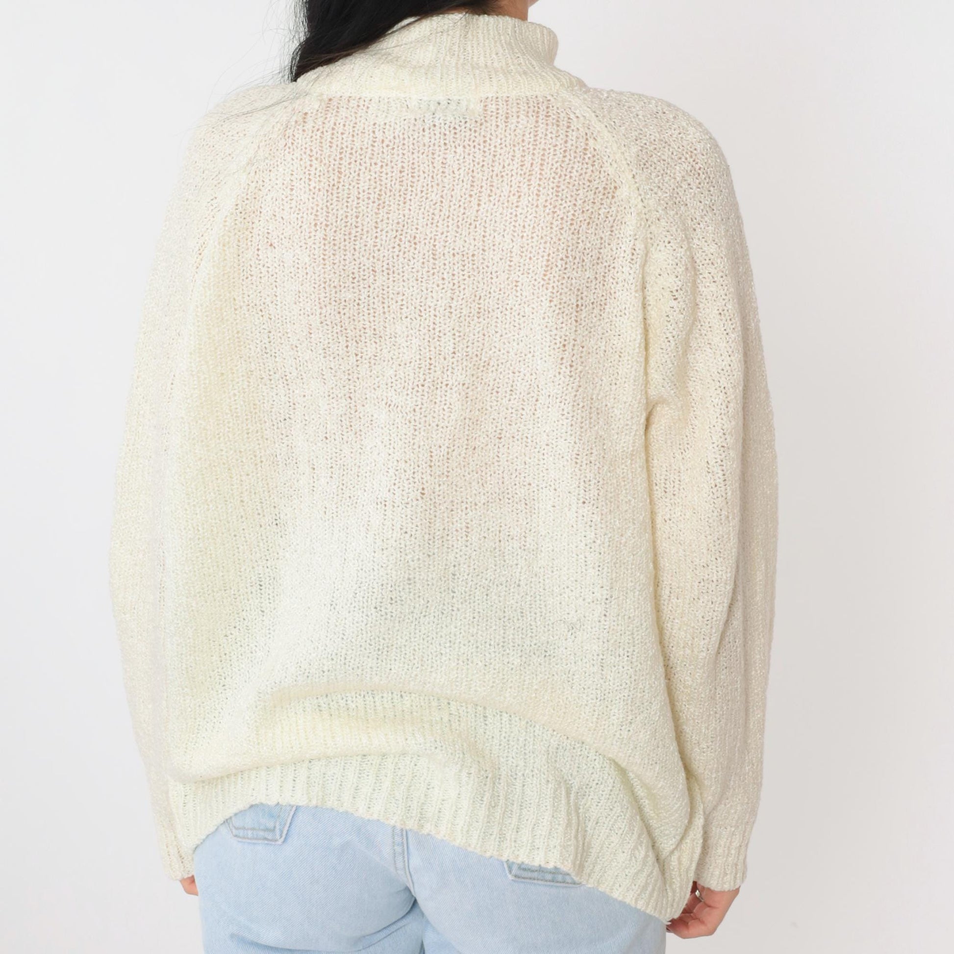 80s Miranda Cable Knit Sweater Cream Mock Neck Pearl Buttons Large L