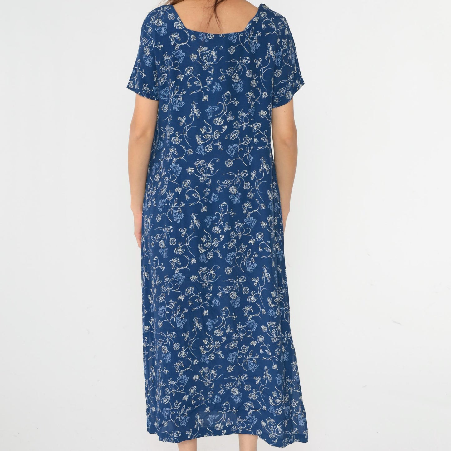 90s Erika Studio Floral Butterfly Maxi Dress Blue Ankle Length Medium