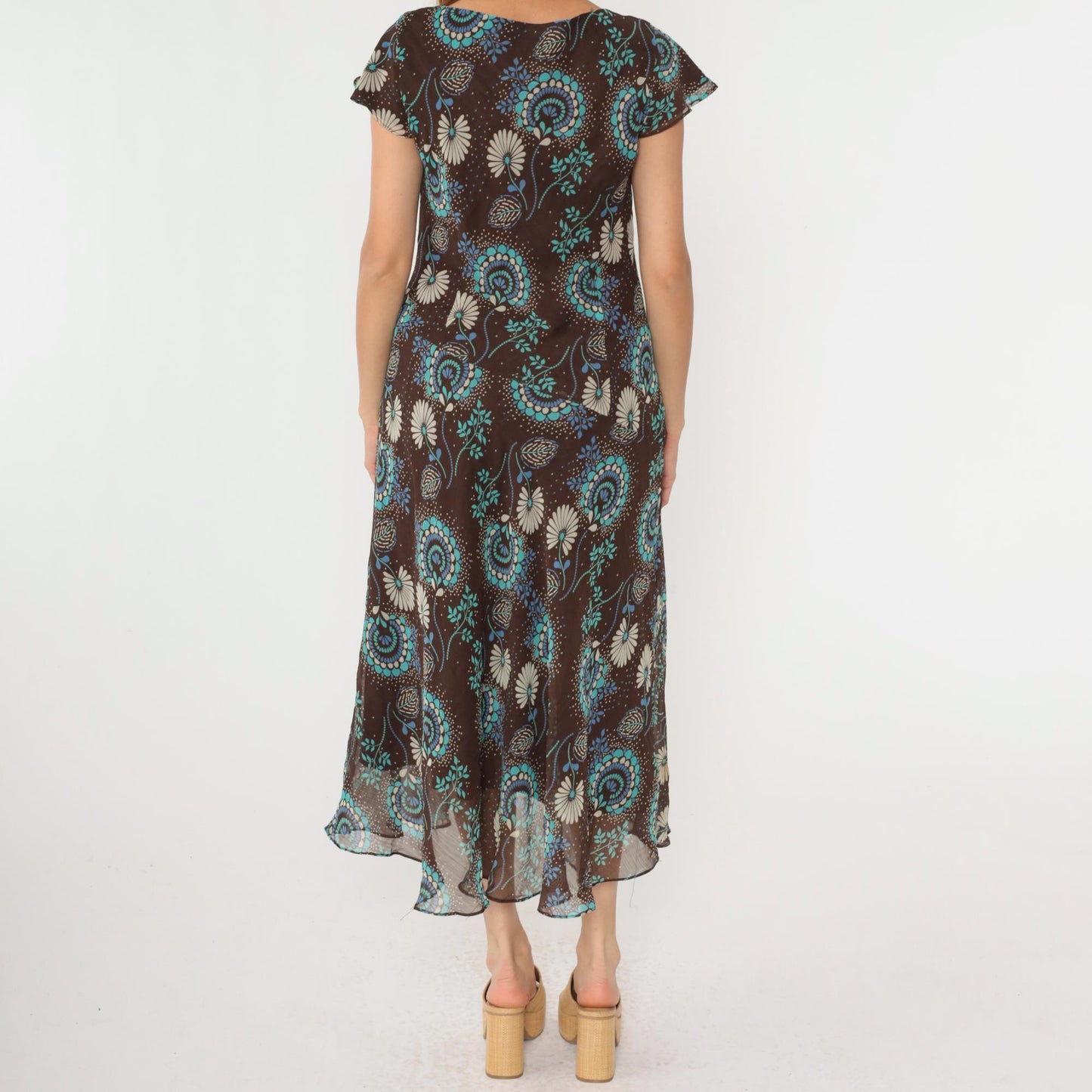 Y2K Brown Floral Midi Dress Asymmetrical Cowl Neck Flutter Sleeve Drop Waist Large 14