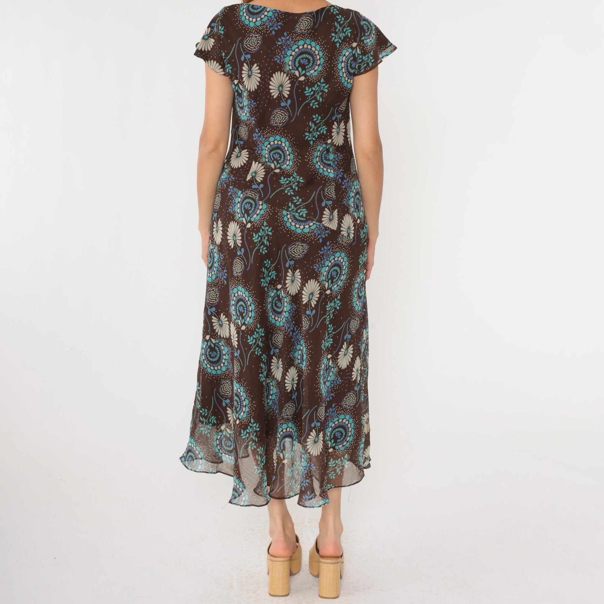 Y2K Brown Floral Midi Dress Asymmetrical Cowl Neck Flutter Sleeve Drop Waist Large 14