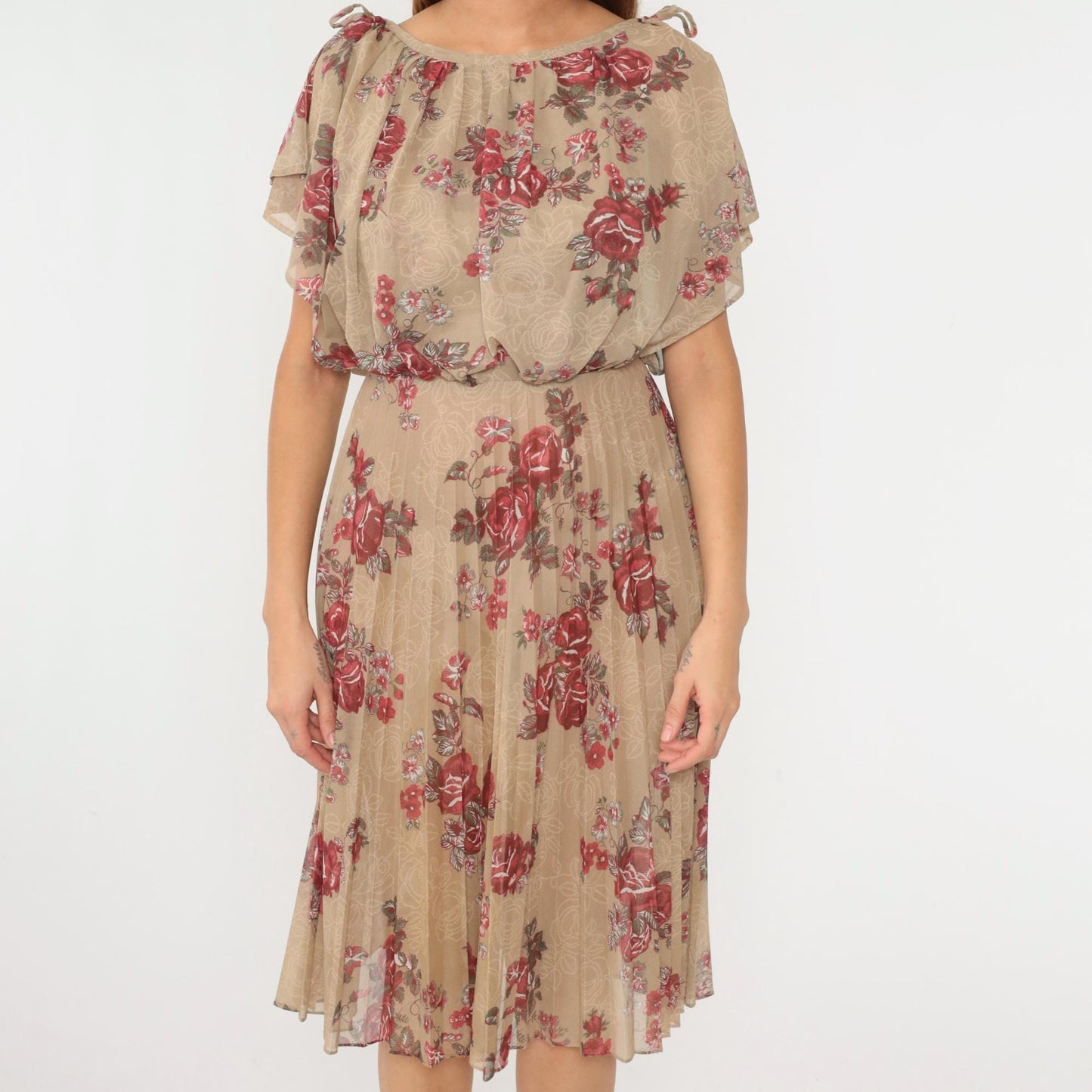 70s Floral Midi Dress Taupe Rose Print High Waist Blouson Flutter Sleeve Small