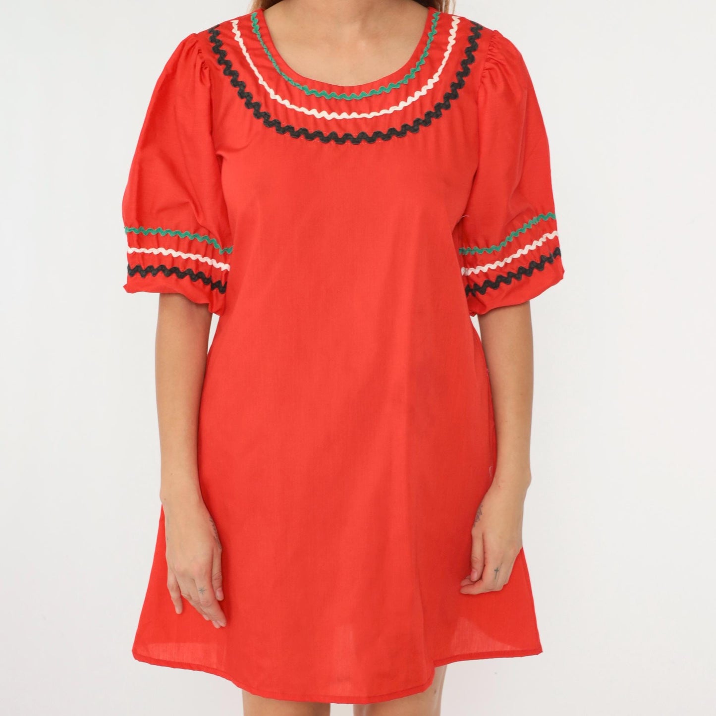 70s Red Mini Dress Puff Sleeve Ric Rac Trim Folk Country Shift Medium