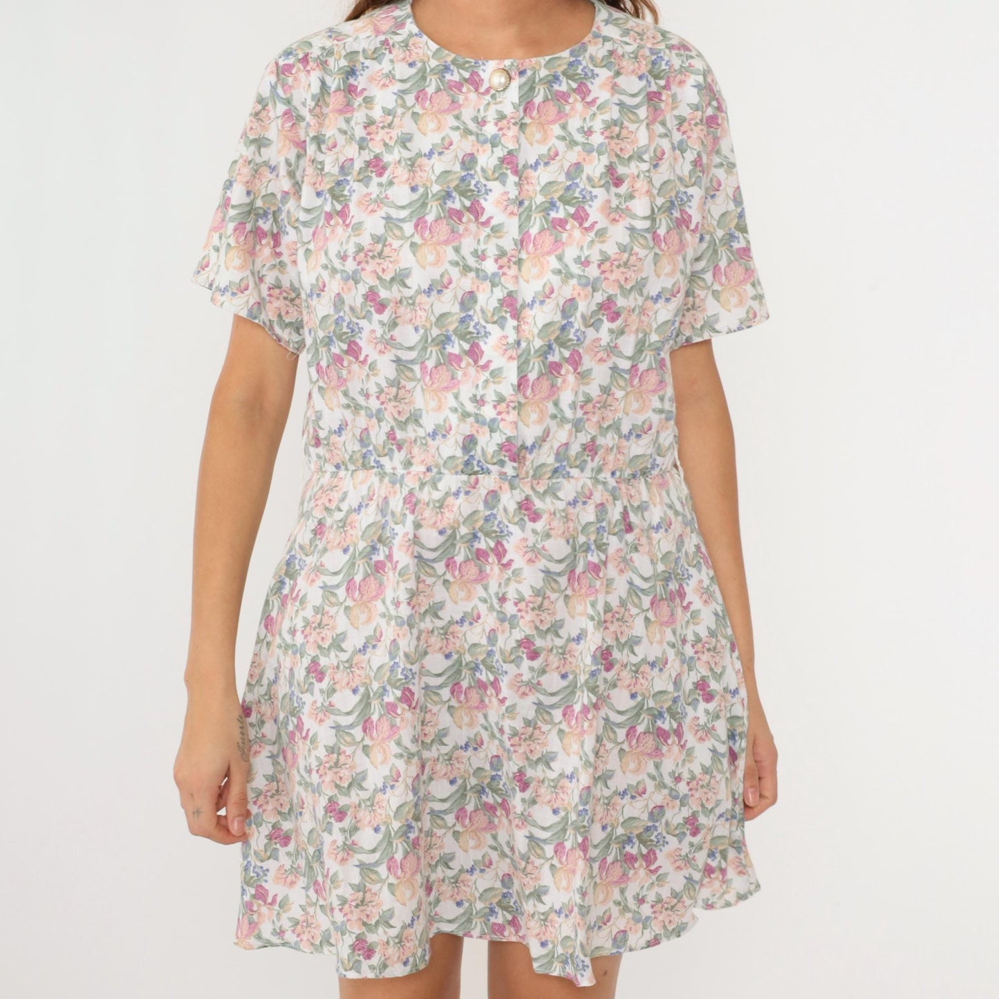 90s White Floral Print Button-Up Shirtdress Elastic Waist Mini Medium Large
