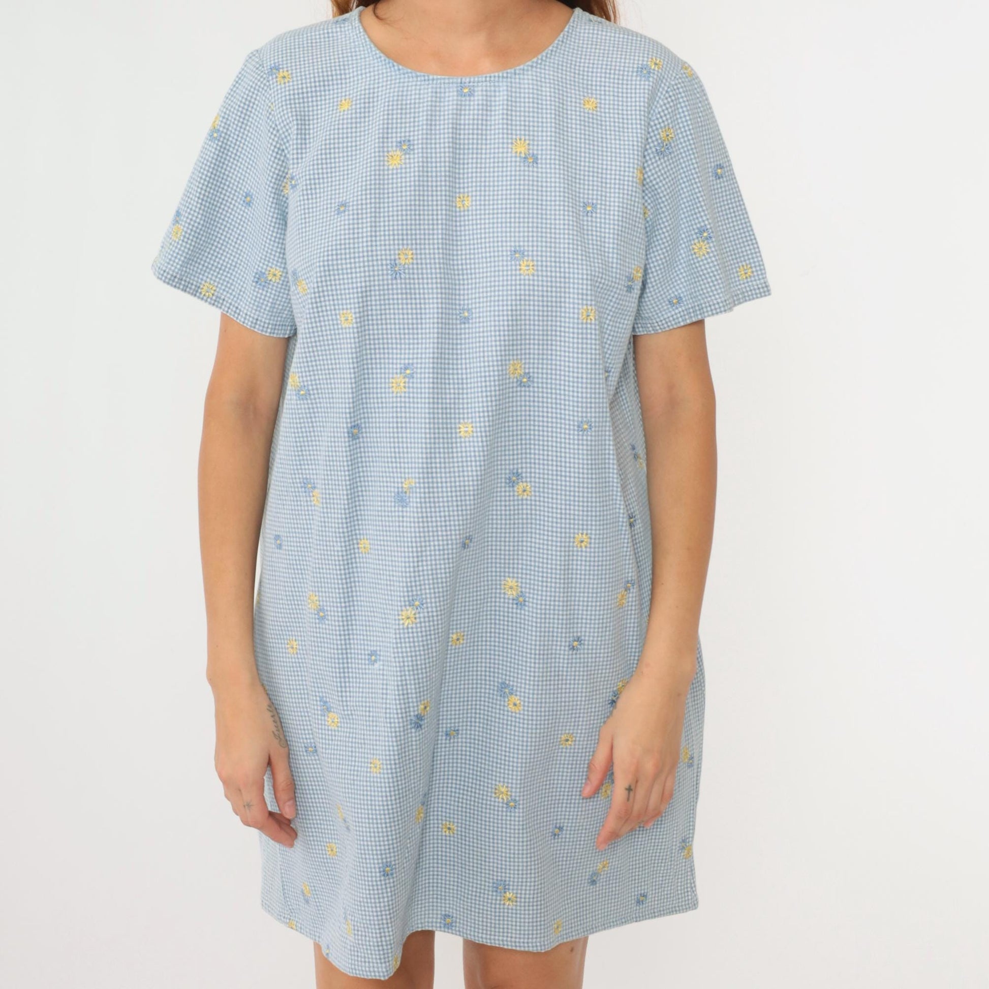 90s Blue Gingham Floral Embroidered Mini Shift Dress Cotton Large