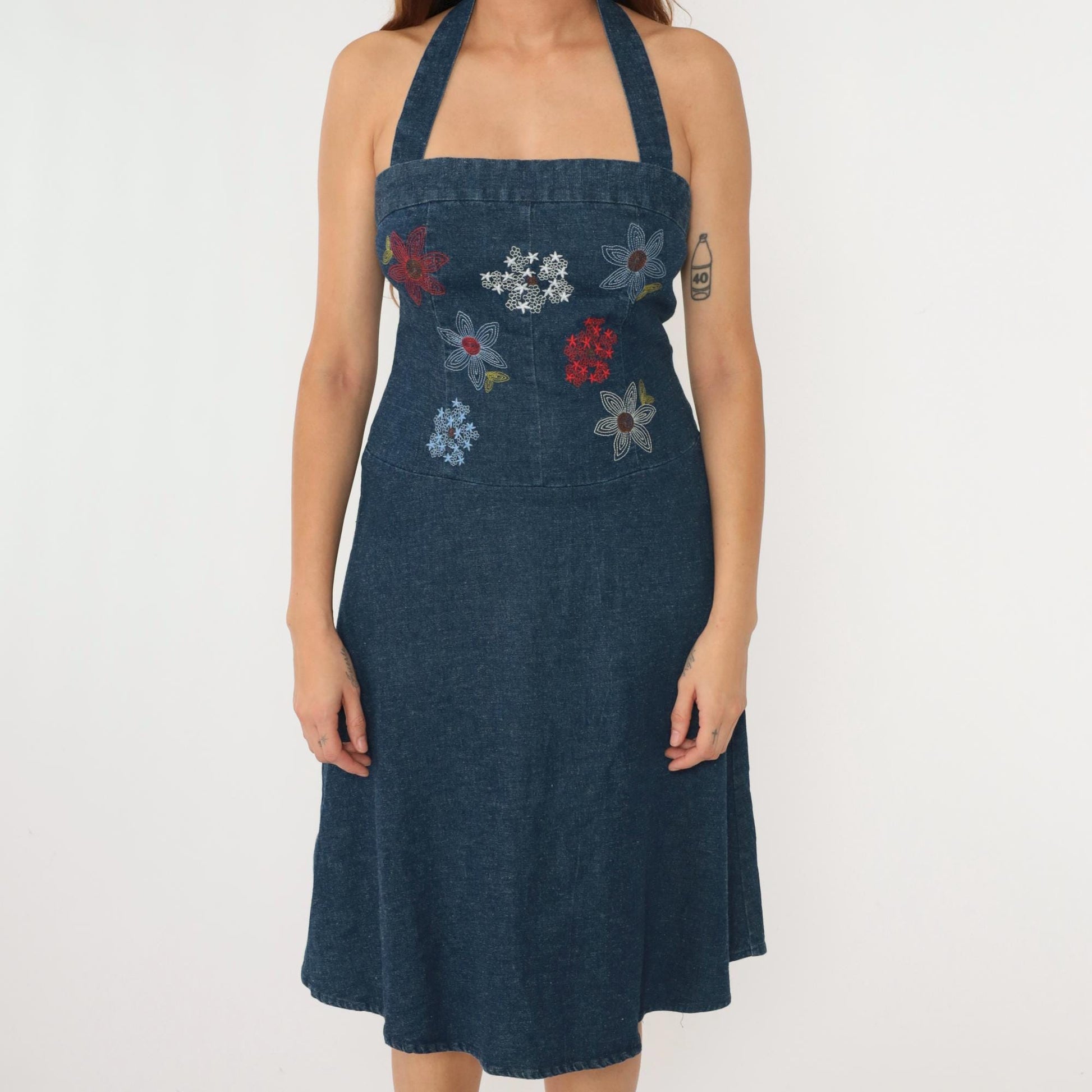 Y2K Denim Midi Dress Floral Embroidered Halter Neck Backless Small